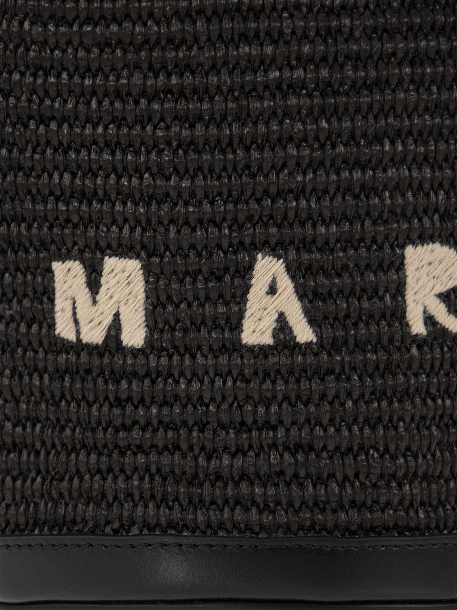 Marni Black Leather And Raffia Tropicalia Bucket Bag In Black