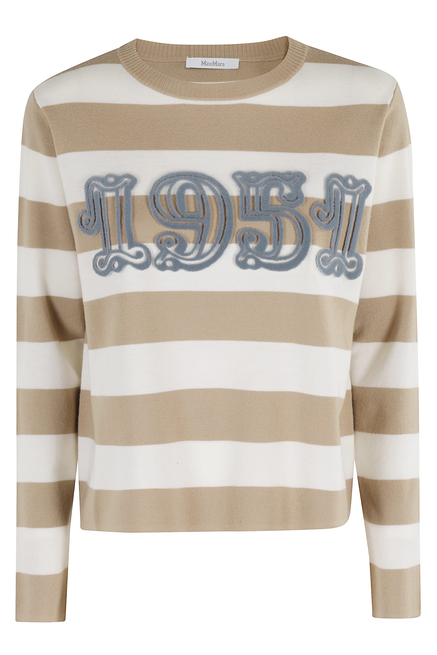 Max Mara Wool Sweater With Embroidered Stripes And Crew Neck In Brown