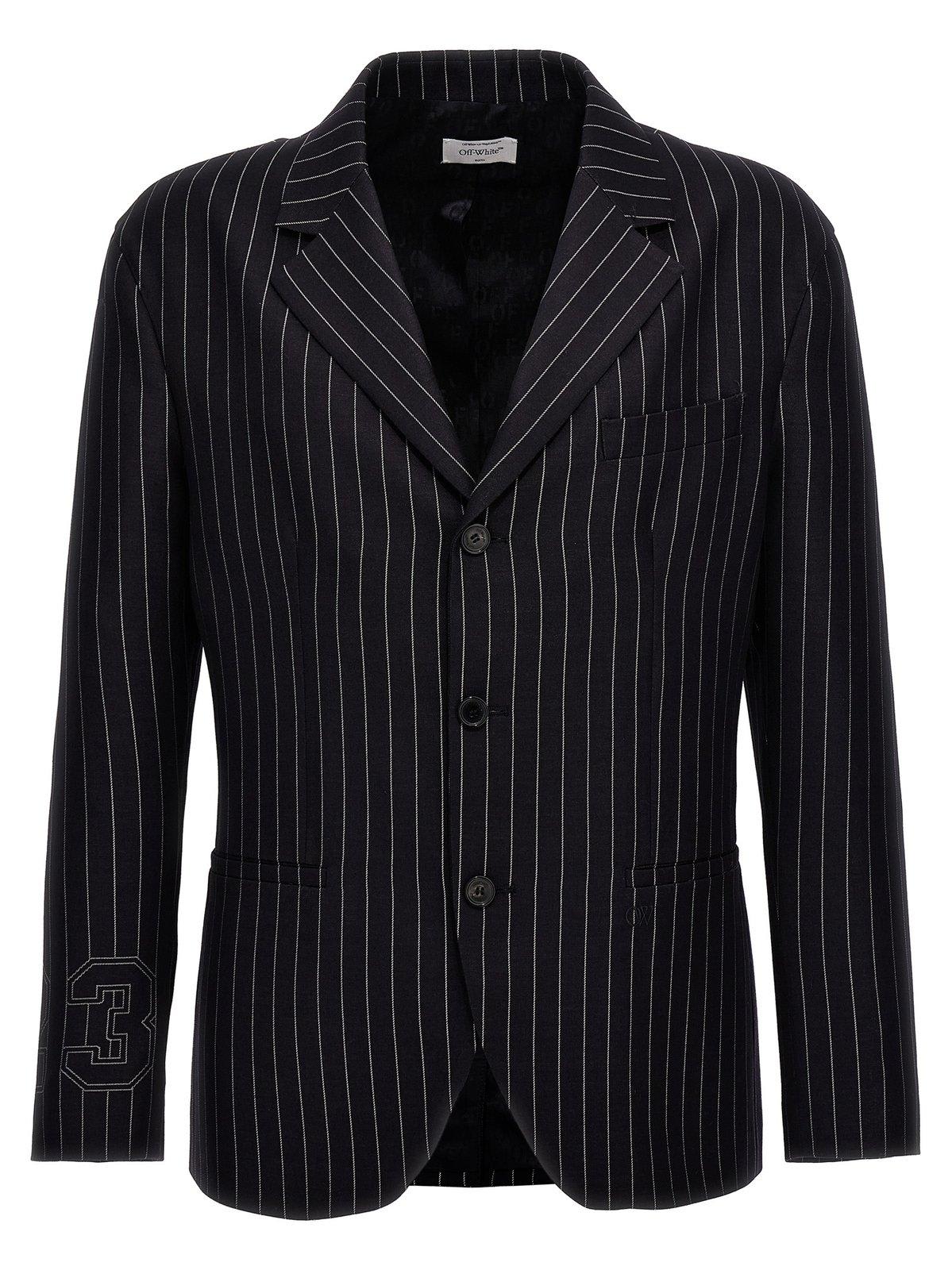 Shop Off-white 23-print Pinstriped Straight Hem Blazer In Blue