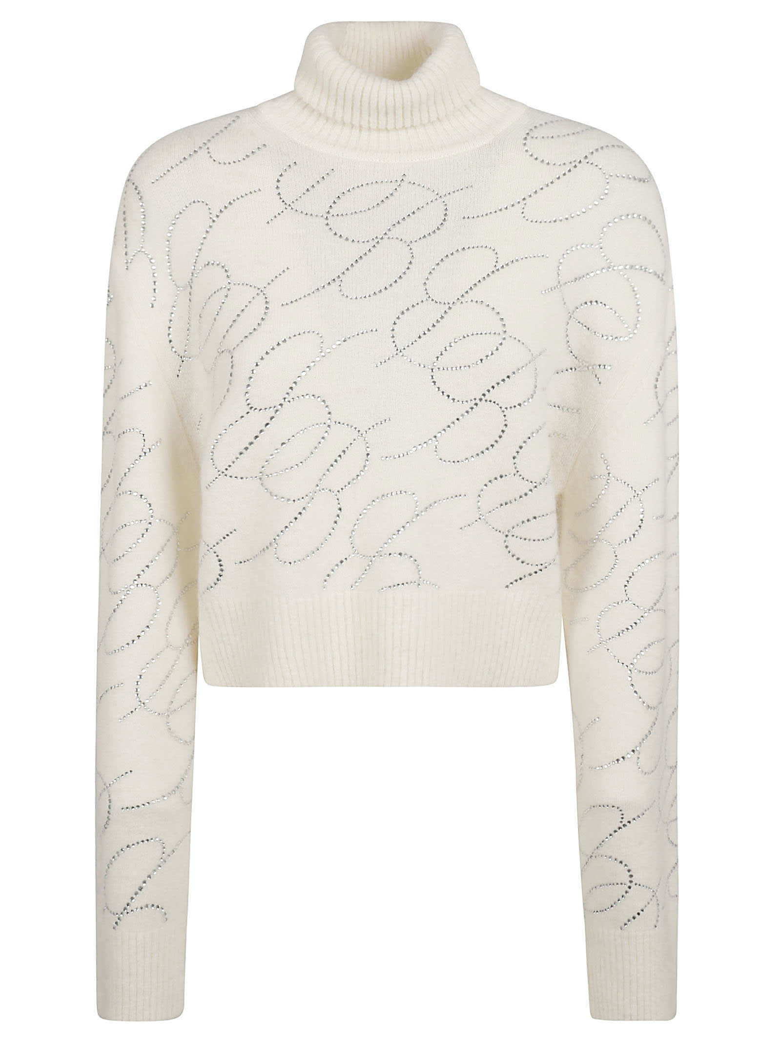 Shop Blumarine Roll Neck Embellished Knit Sweater In White/natural