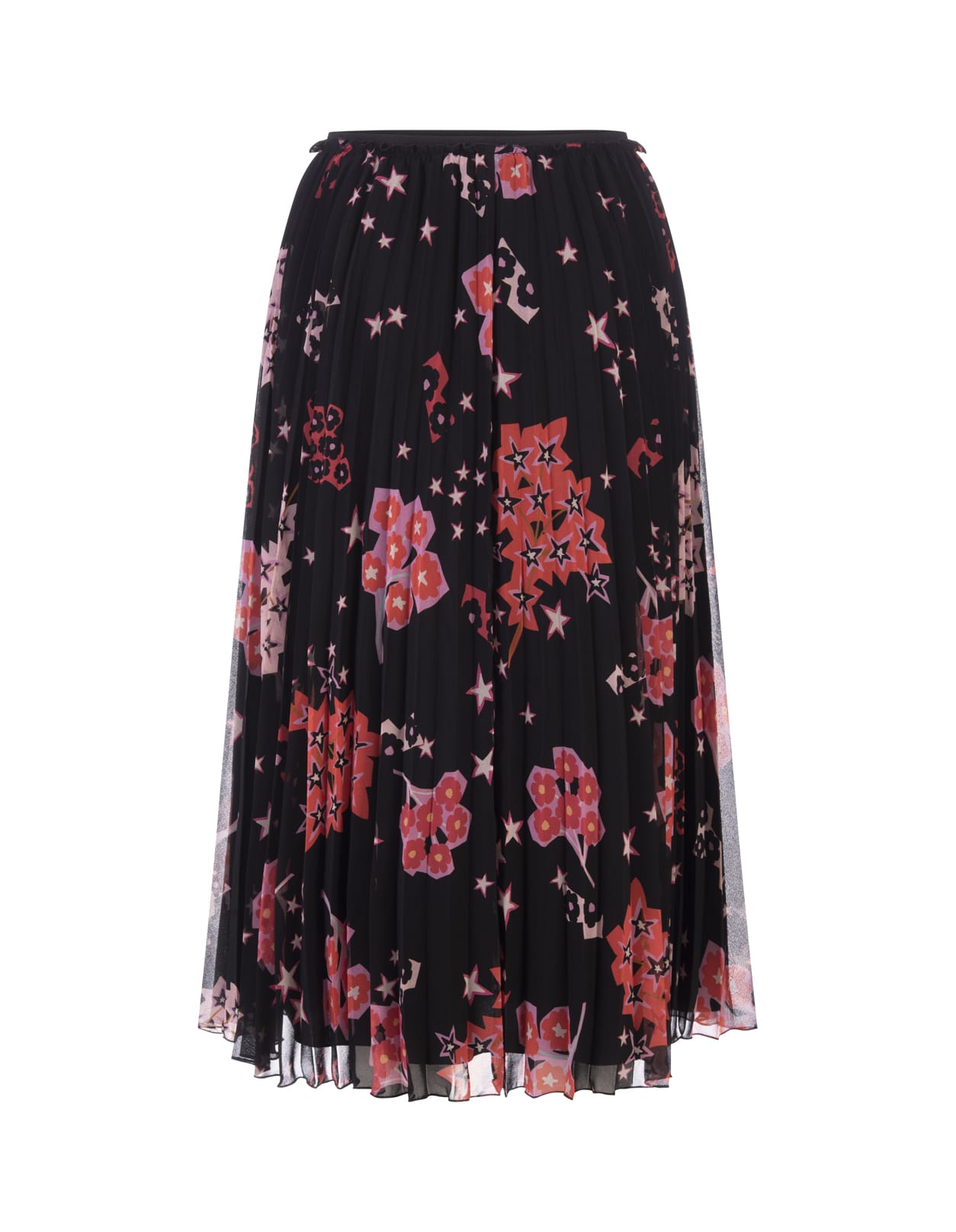 RED Valentino Black Georgette Pleated Midi Skirt With Patchwork Flowers