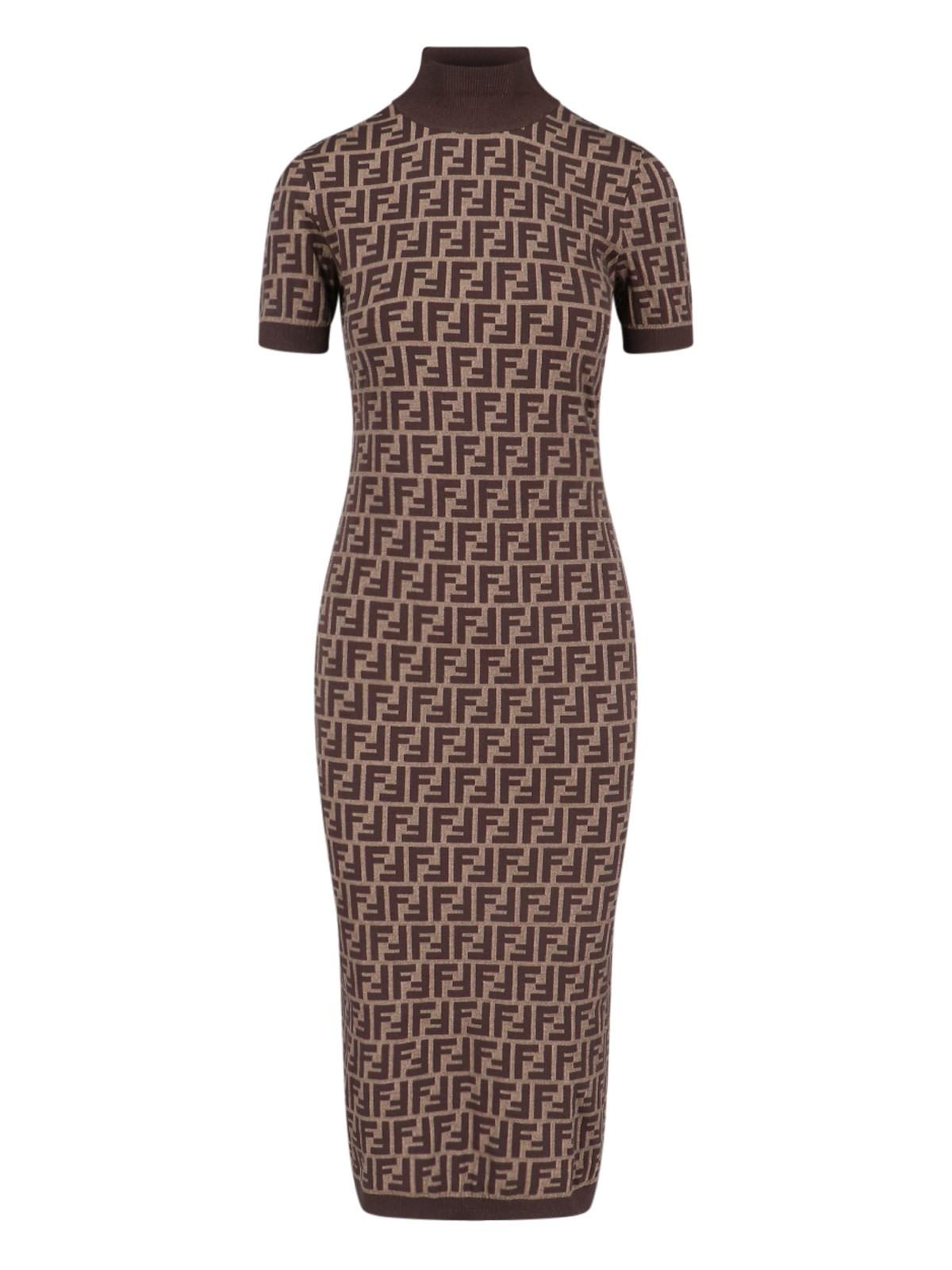 Shop Fendi Ff Sheath Midi Dress In Brown