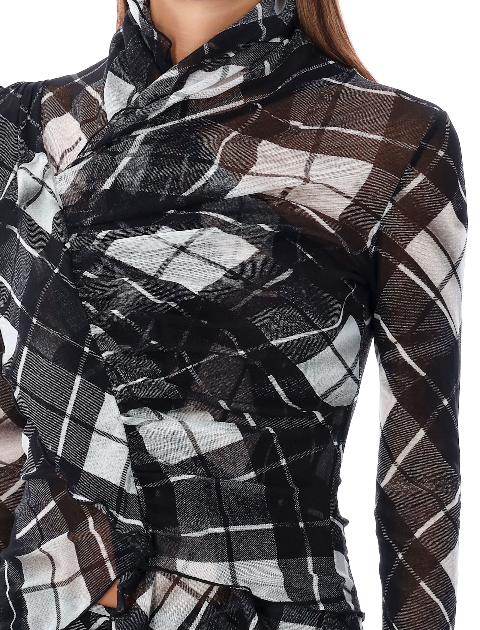 Shop Jean Paul Gaultier Mesh Draped Tartan Top In Black Grey White