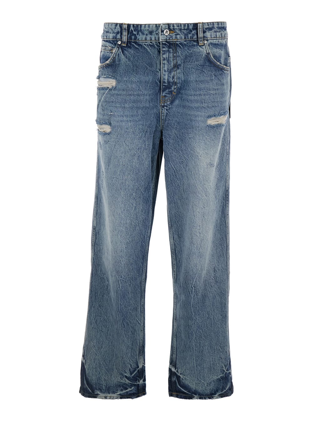 r3 Blue Jeans With Ripped Details On The Front And Logo Embroidery On The Rear In Denim Man