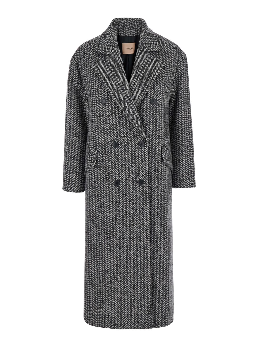 Grey Double-breasted Coat With With Fishbone Motif In Wool Blend Woman