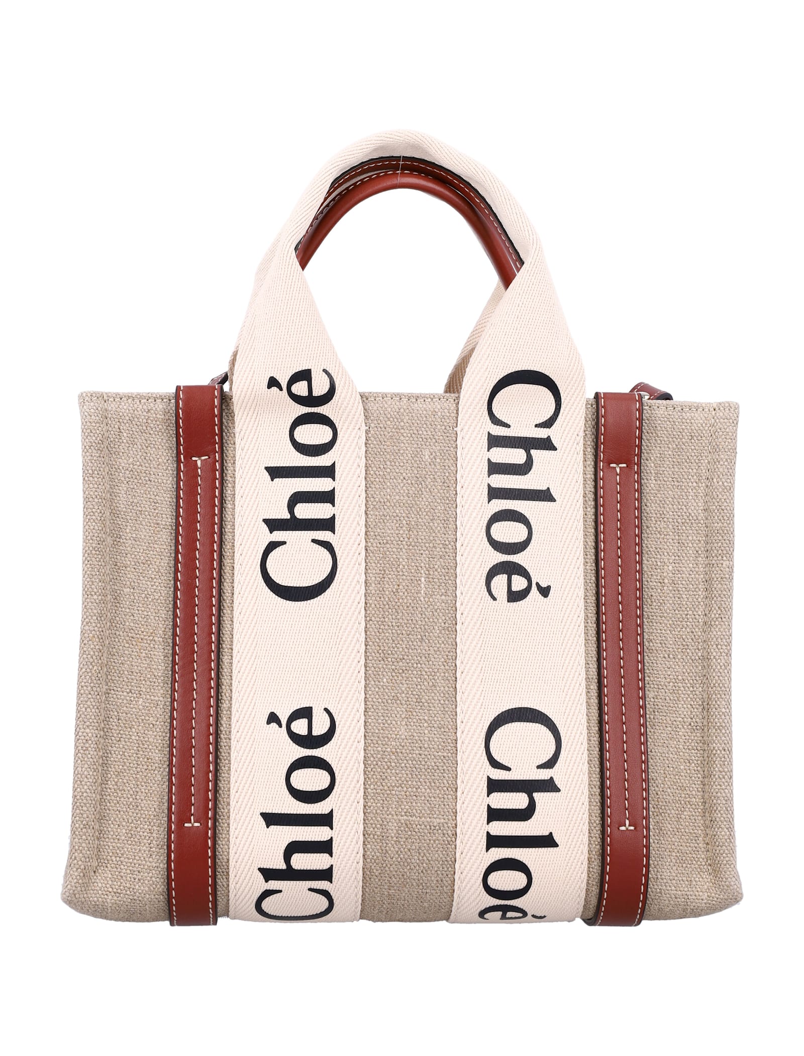 Shop Chloé Linen Woody Medium Tote Bag In White - Brown 1