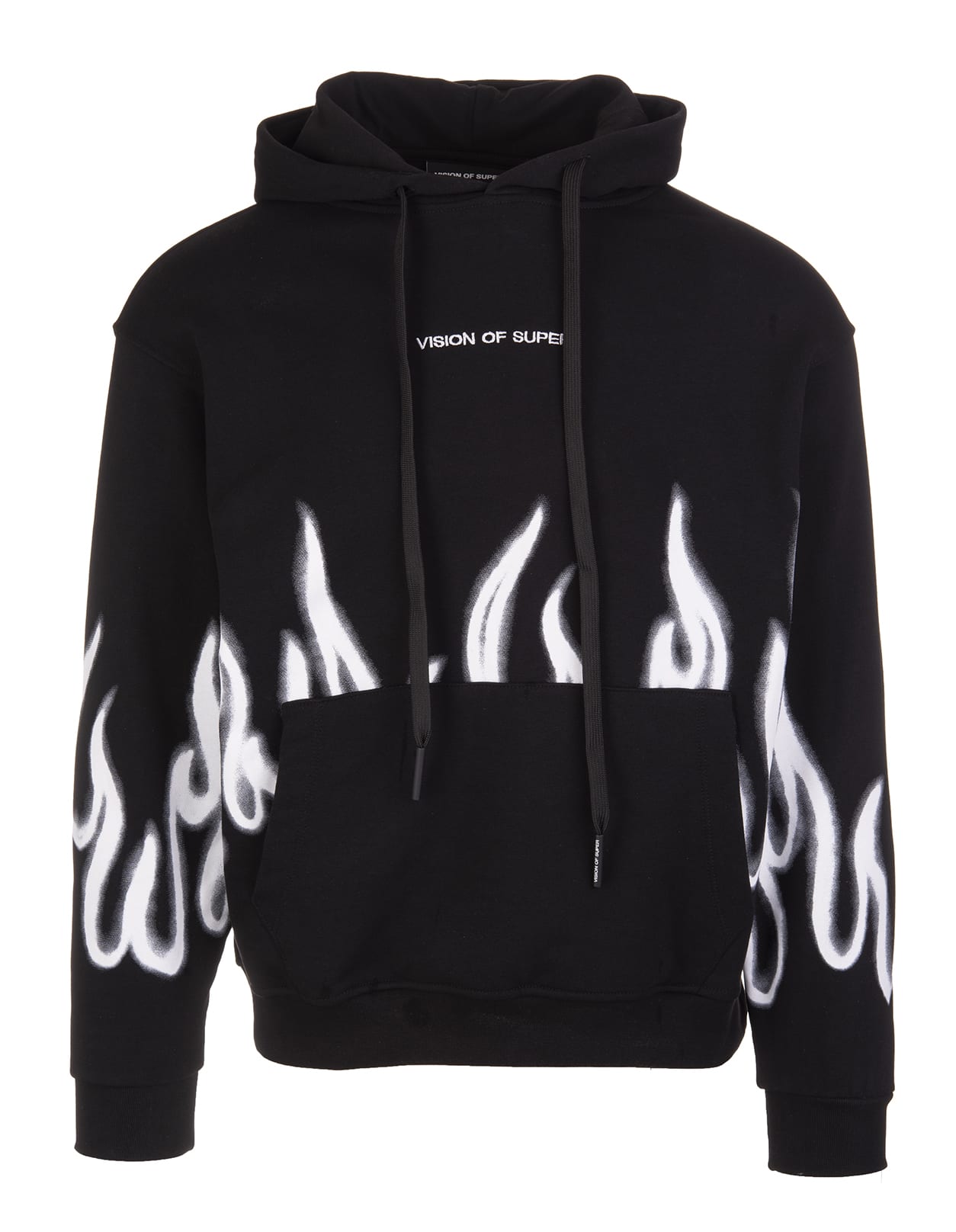 Vision of Super Unisex Black Hoodie With White Spray Flames Print