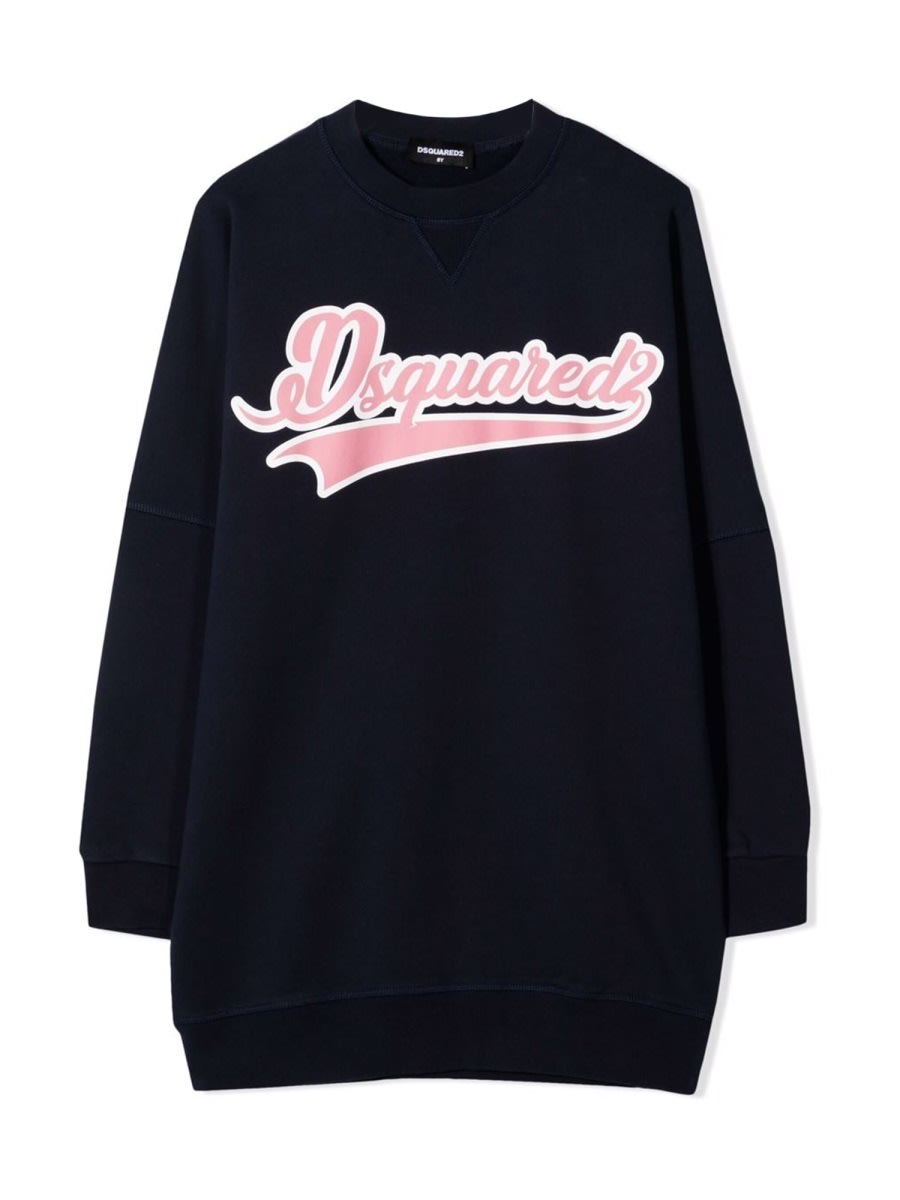 Dsquared2 Logo Print Cotton Sweat Dress In Blue