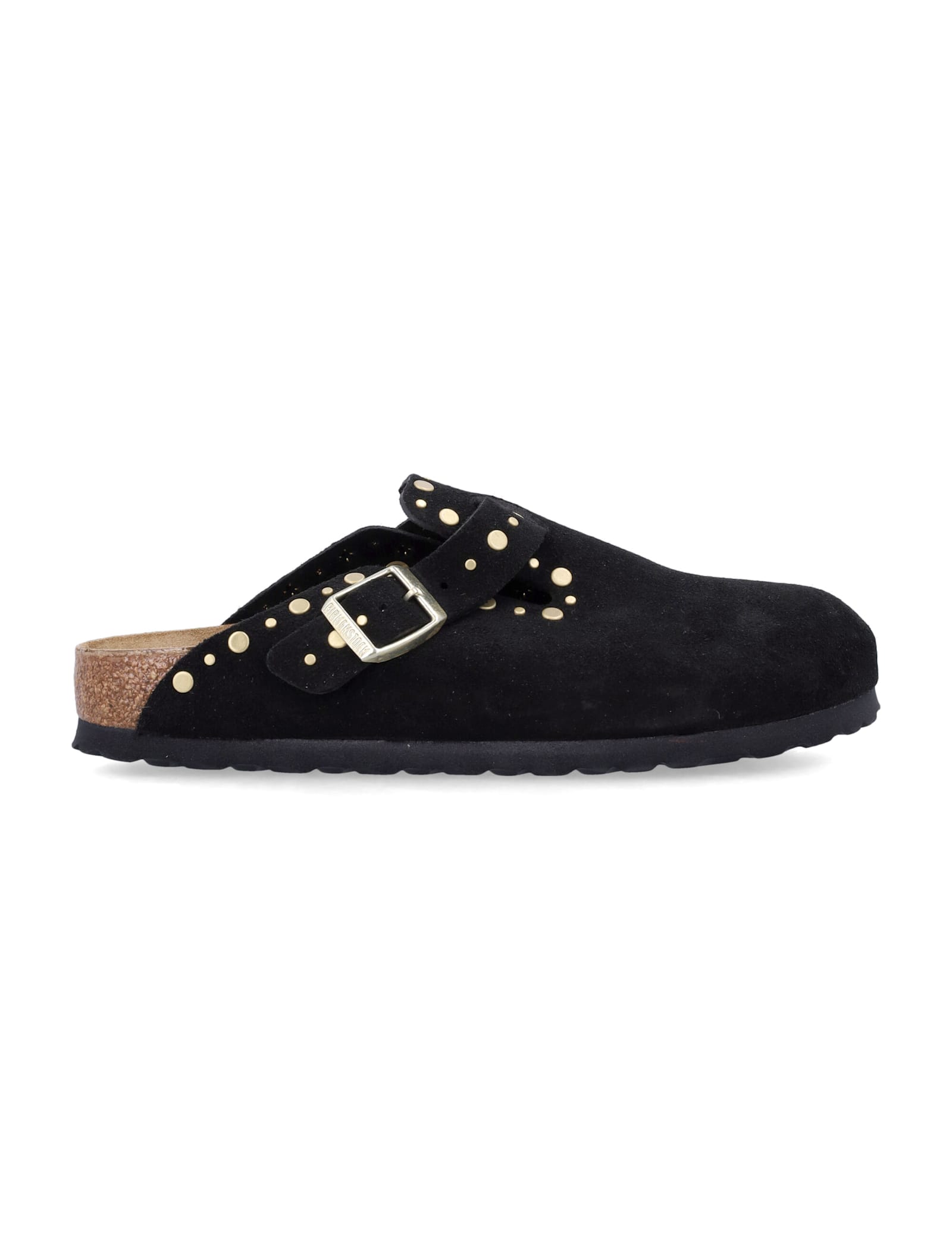 Birkenstock Boston Black Suede Mules With Studs In Black