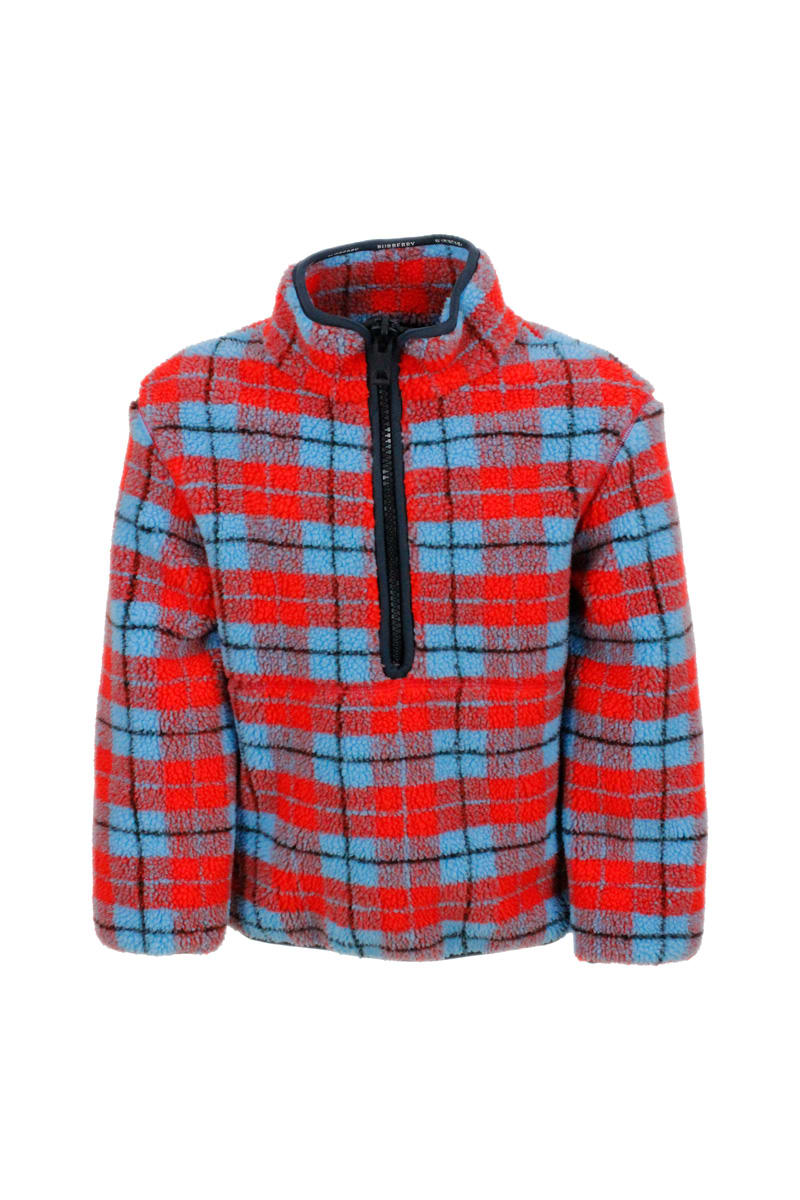 Shop Burberry Jacket Made Of Cotton Fleece With Tartan Motif In Bright Colors And Half Zip Closure In Red