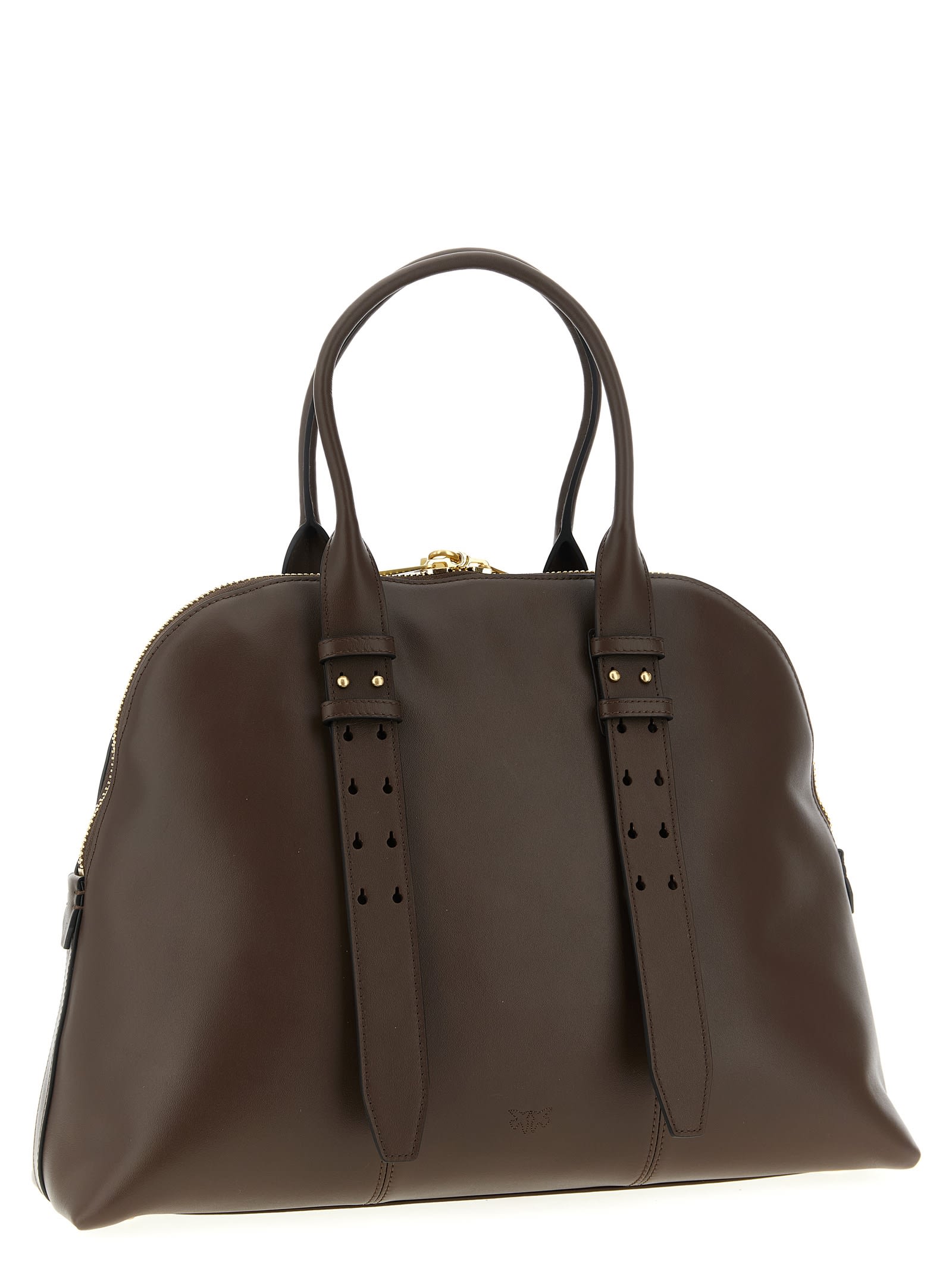 Pinko Escape Love Birds Logo Leather Bowling Maxi Tote Bag In Brown