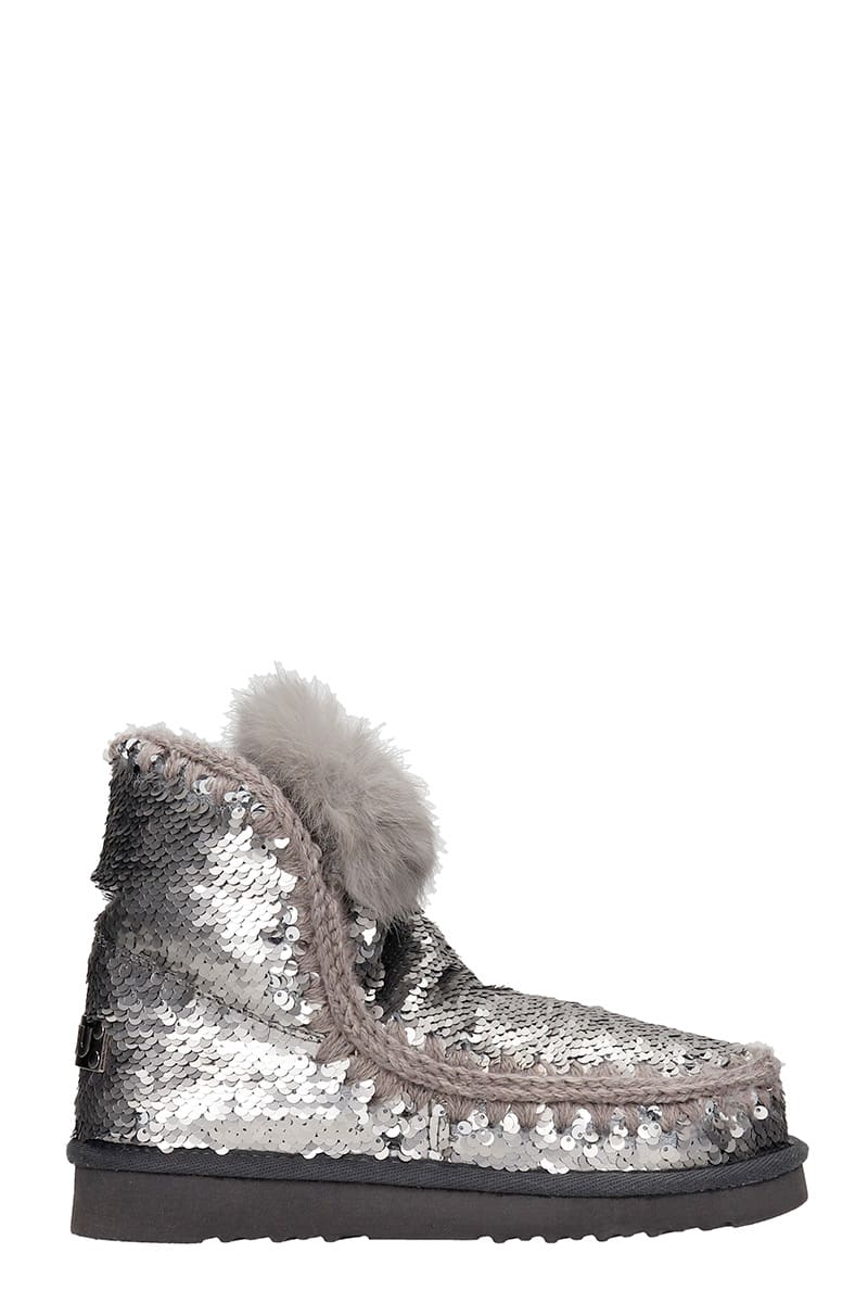 Mou Eskimo Low Heels Ankle Boots In Silver Synthetic Fibers