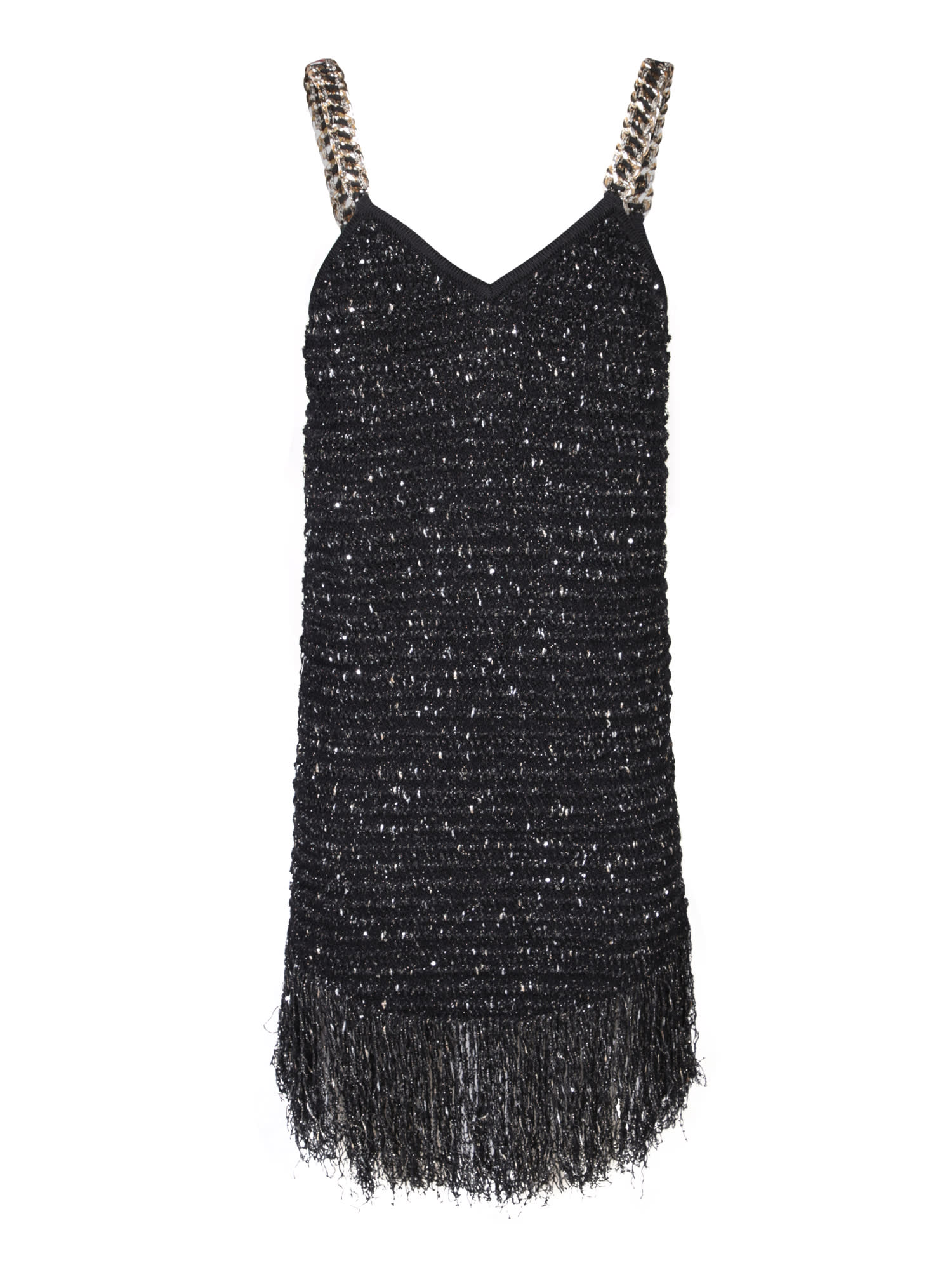 Shop Balmain Black Tweed Mini Dress With Fringes