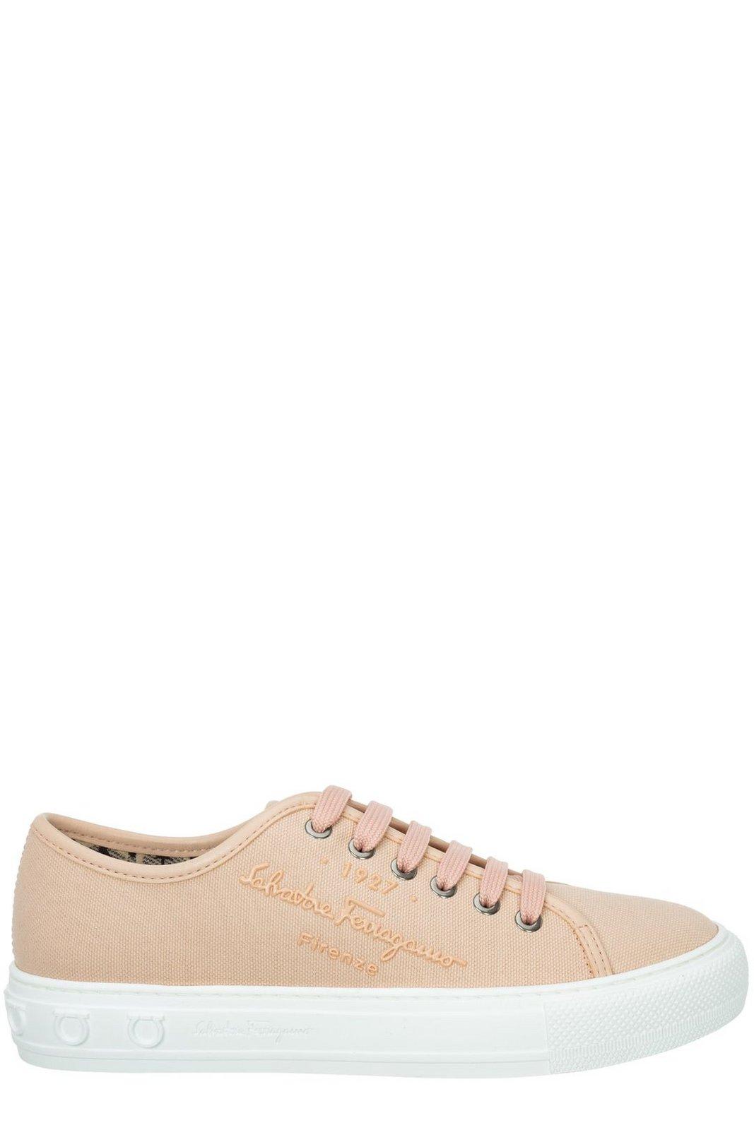 Shop Ferragamo Logo Embossed Lace-up Sneakers In Pink