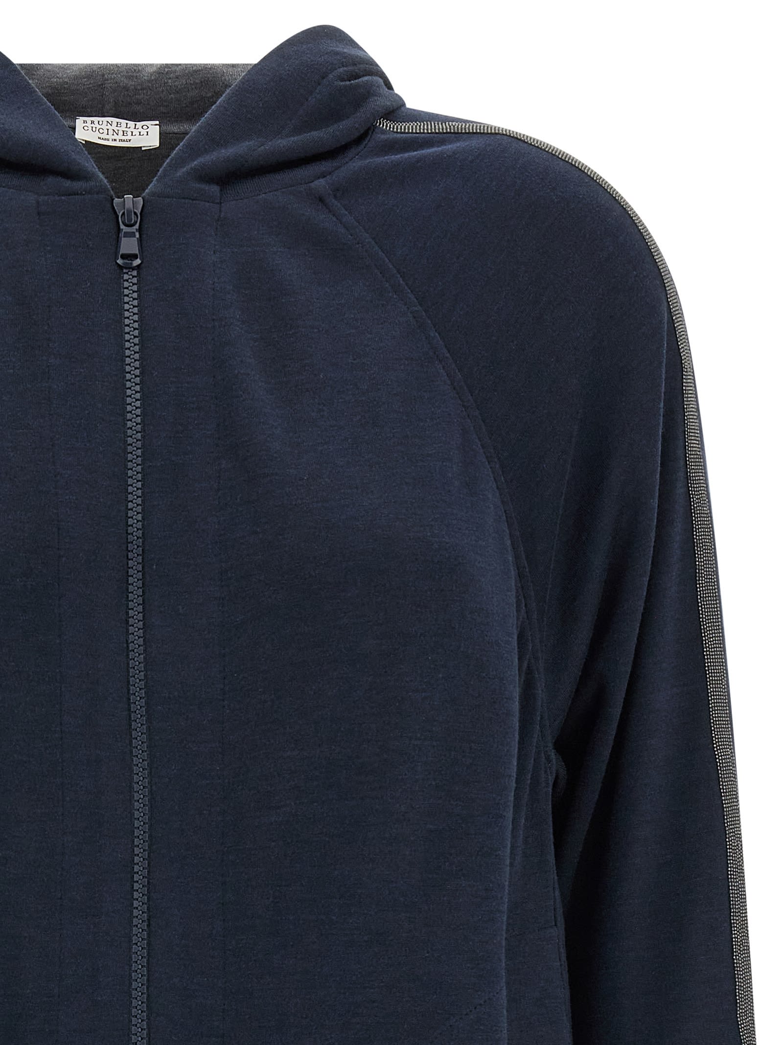 Brunello Cucinelli Hooded Sweatshirt With Side Stripe Detail In Blue