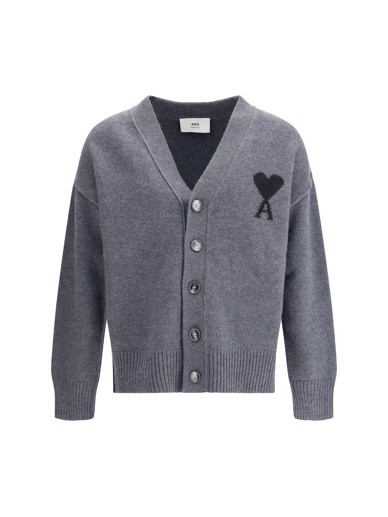 Ami Alexandre Mattiussi Ami Paris Ami De Coeur Heather Grey Wool Cardigan Men In Gray