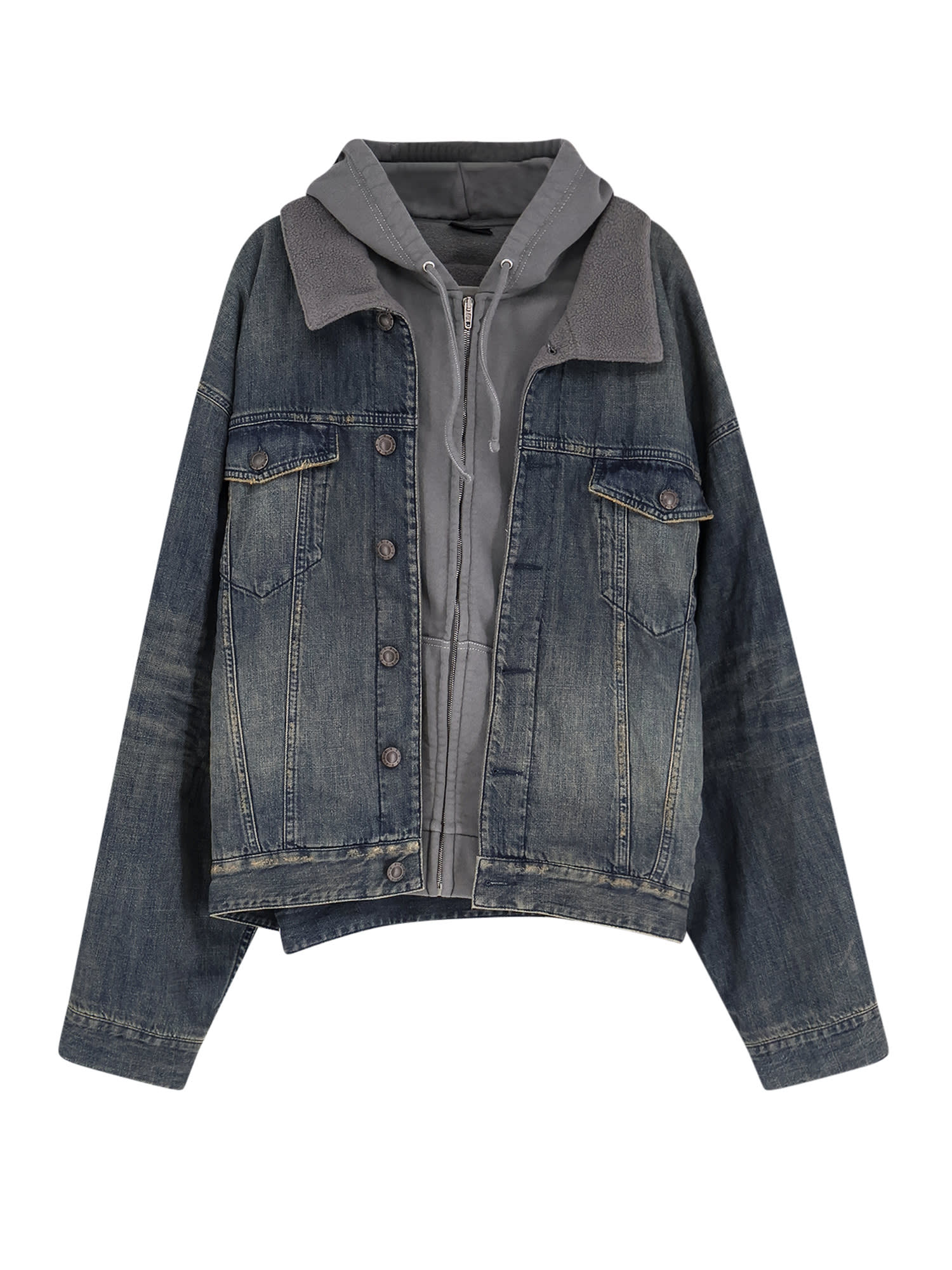 Balenciaga Men Layered Cotton Denim Jacket In Blue