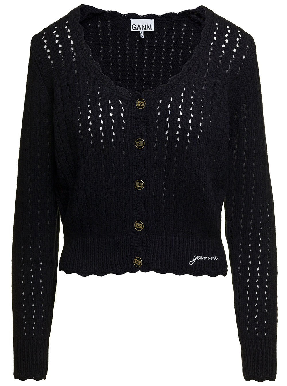 GANNI BLACK CARDUGAN WITH CONTRASTING LOGO EMBROIDERY IN COTTON LACE WOMAN