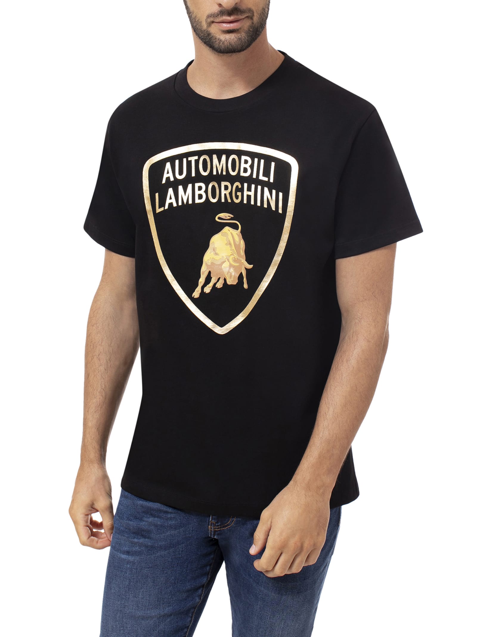 Automobili Lamborghini Classic Black Crew Neck T-shirt With Gold Logo