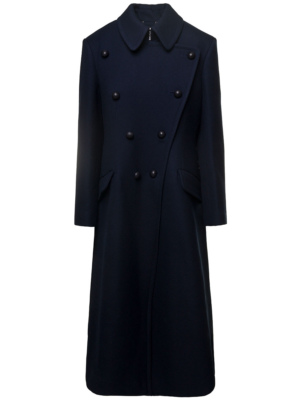 CHLOÉ BLUE LONG DOUBLE-BREASTED COAT WITH FLAP POCKETS IN WOOL WOMAN