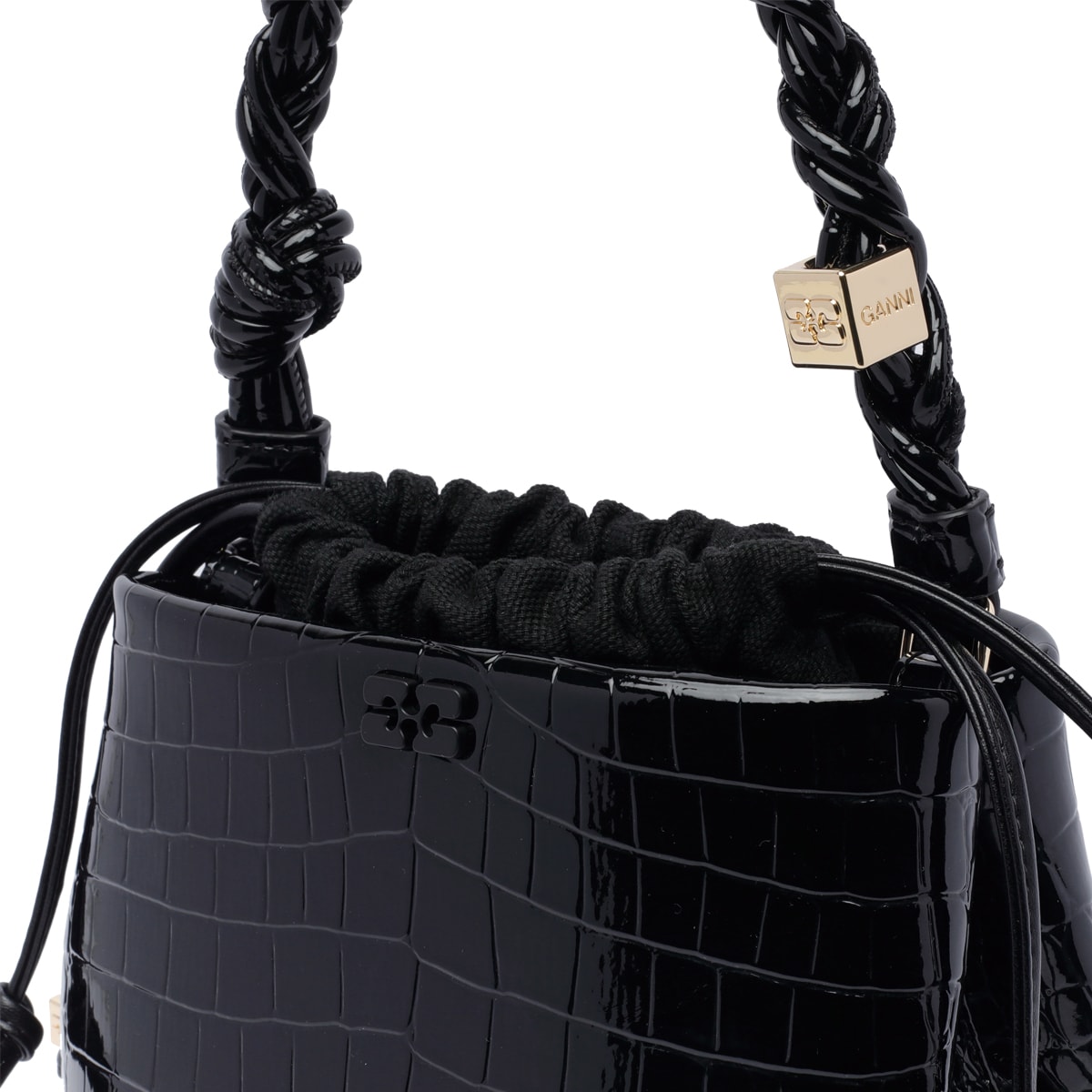 Shop Ganni Bou Croco Bucket Bag In Black