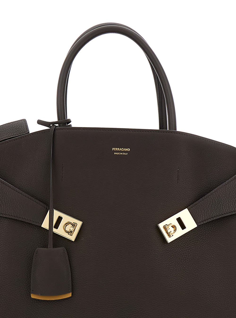 Ferragamo Hug Bicolor Brown Handbag With Logo And Gancini Buckle In Leather Woman In Brown