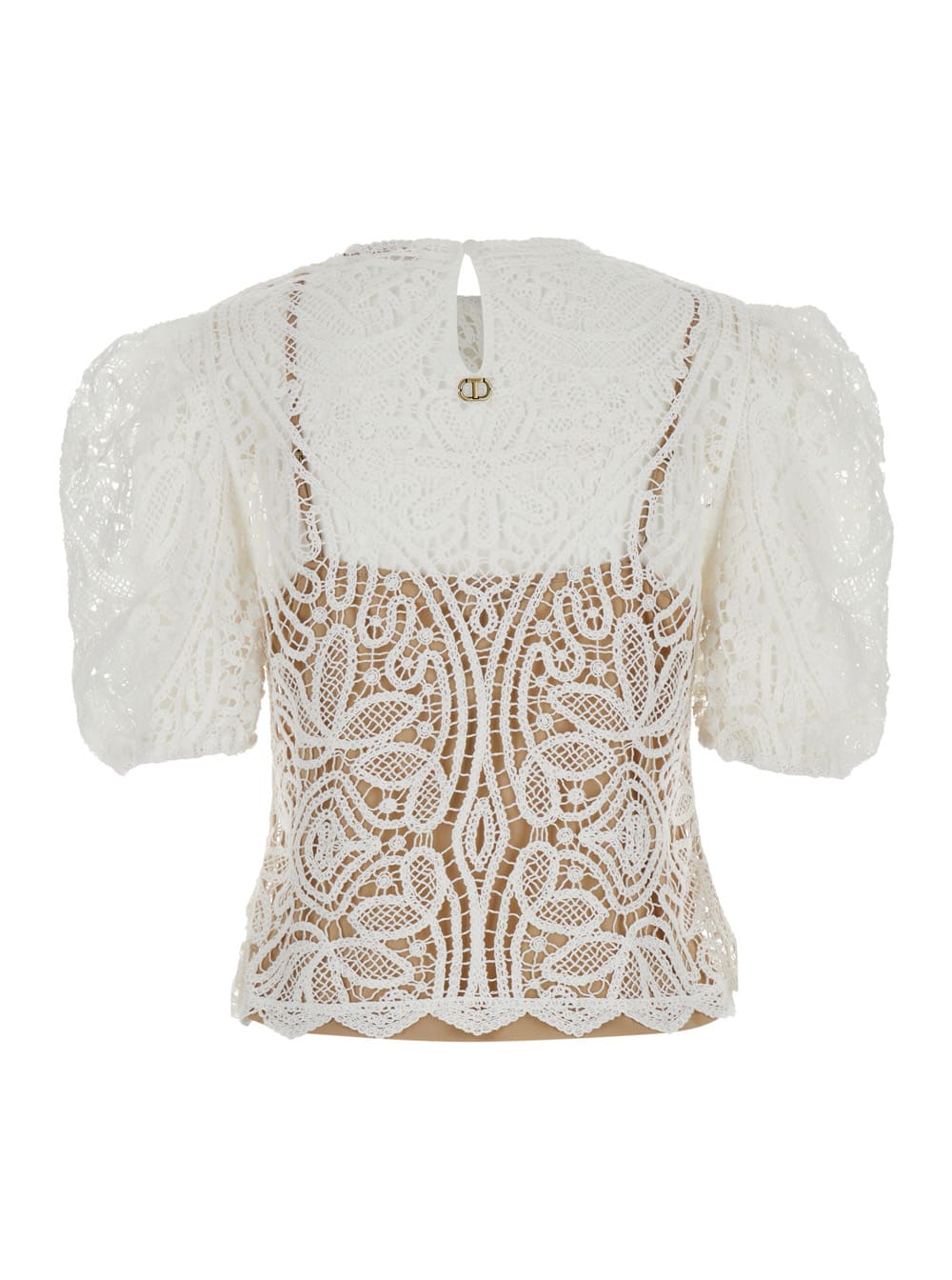 Shop Twinset White Balloon-sleeves Crochet Jumper In White Polyester