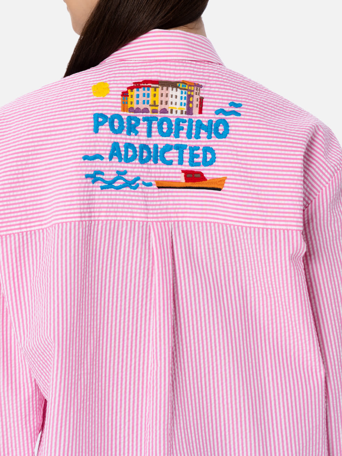 Shop Mc2 Saint Barth Woman Striped Seeruscker Cotton Over Shirt Brigitte With Front And Back Portofino Embroidery In Pink