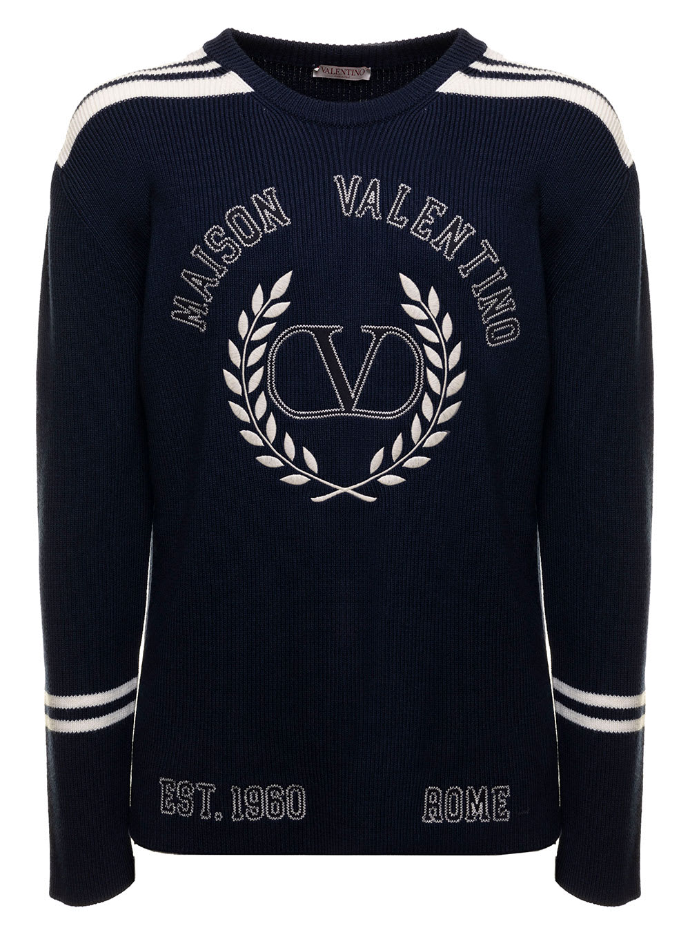 Valentino Maison Valentino Mans Blue Wool Crew Neck Sweater With Logo