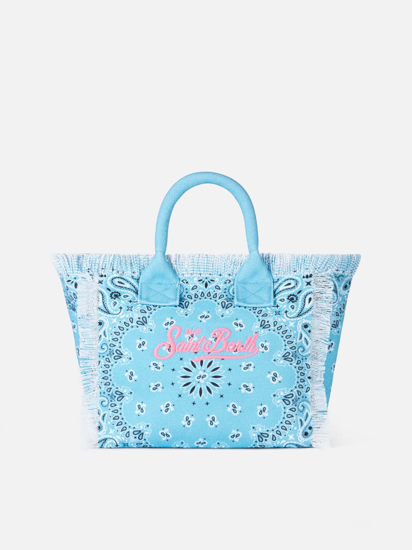 Shop Mc2 Saint Barth Colette Light Blue Cotton Canvas Handbag With Bandanna Print In Sky