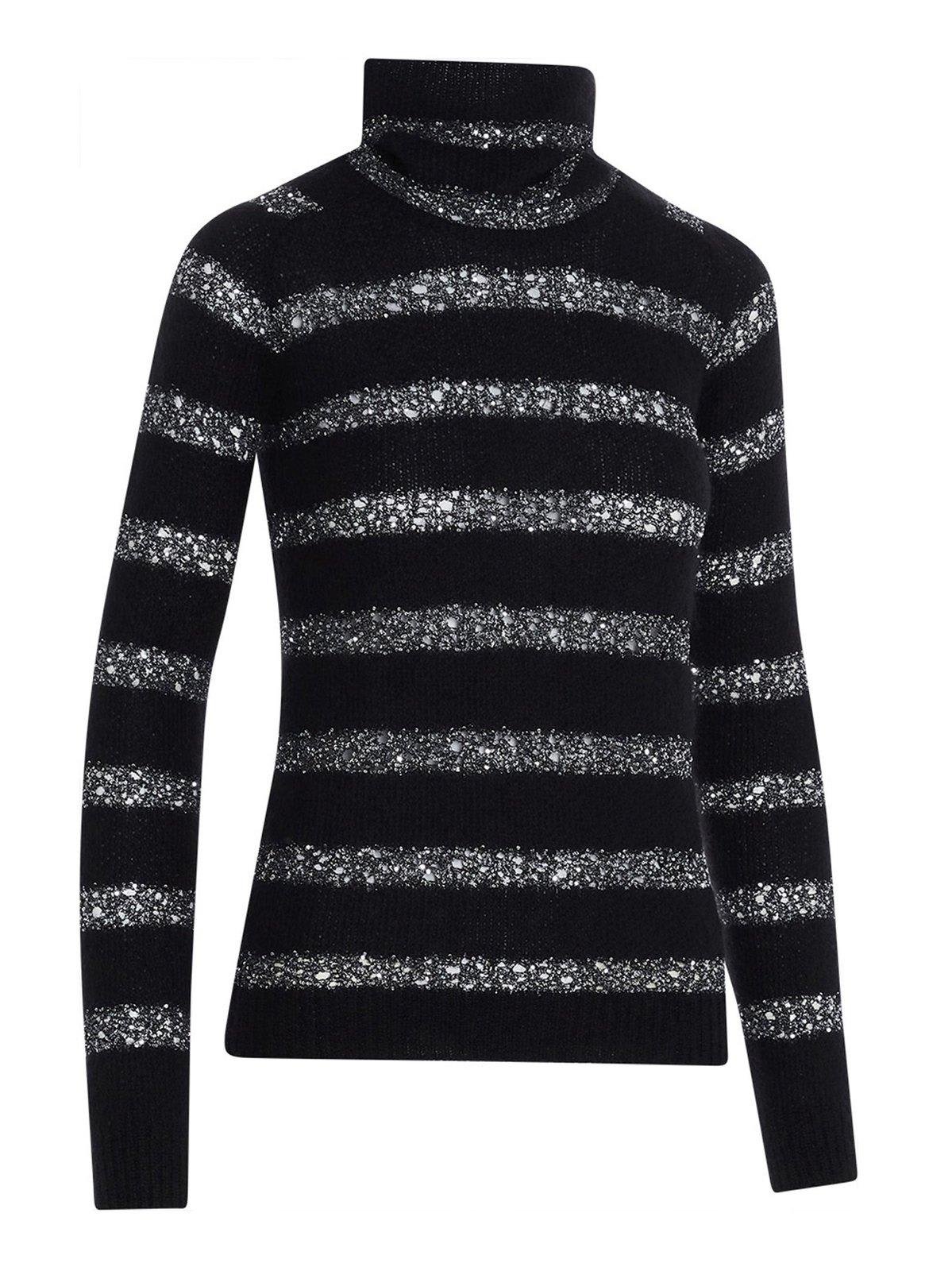 Shop Saint Laurent Striped Lurex Turtleneck Sweater In Black