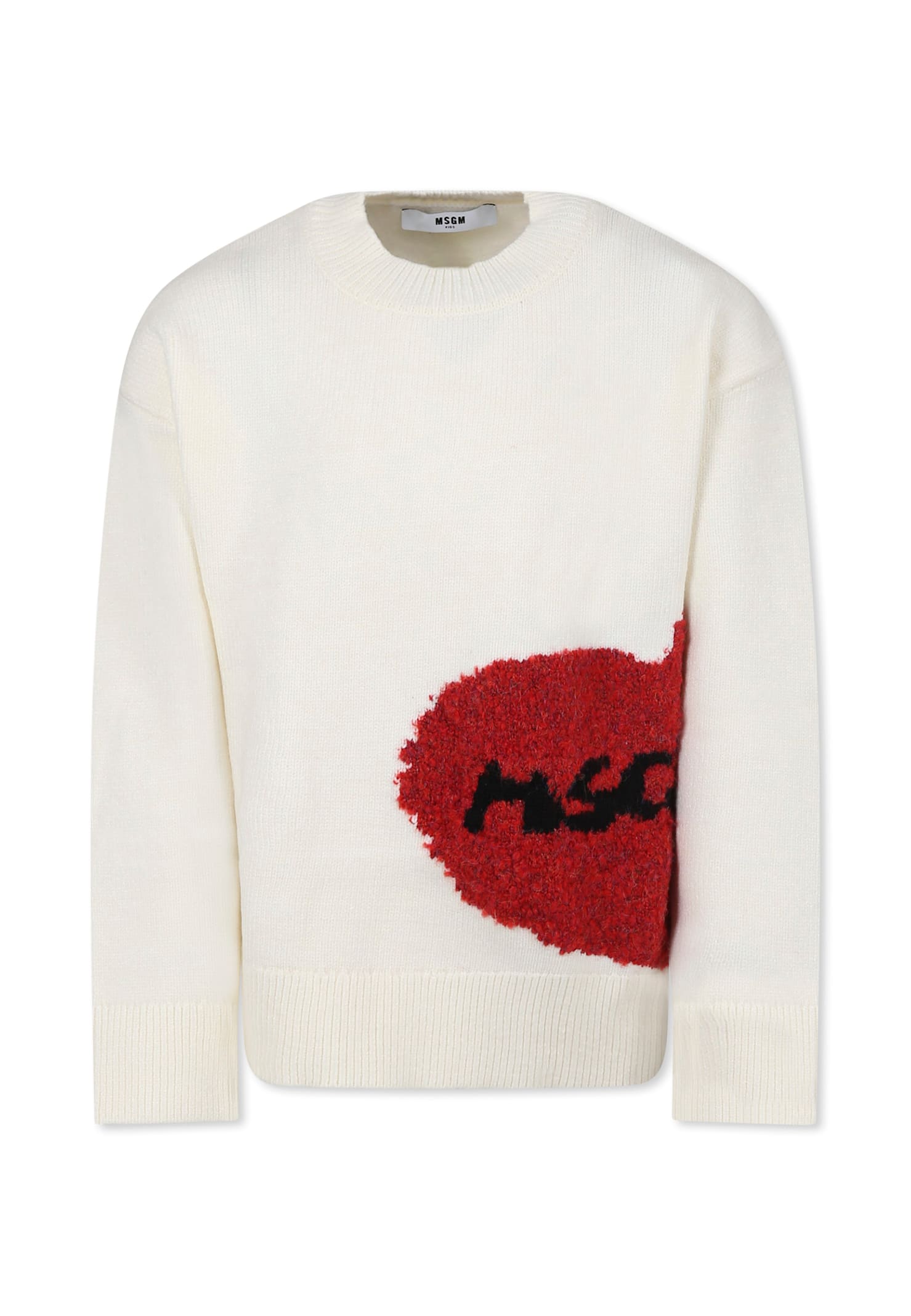 Msgm Ivory Crop Sweater For Girl With Heart And Logo In White