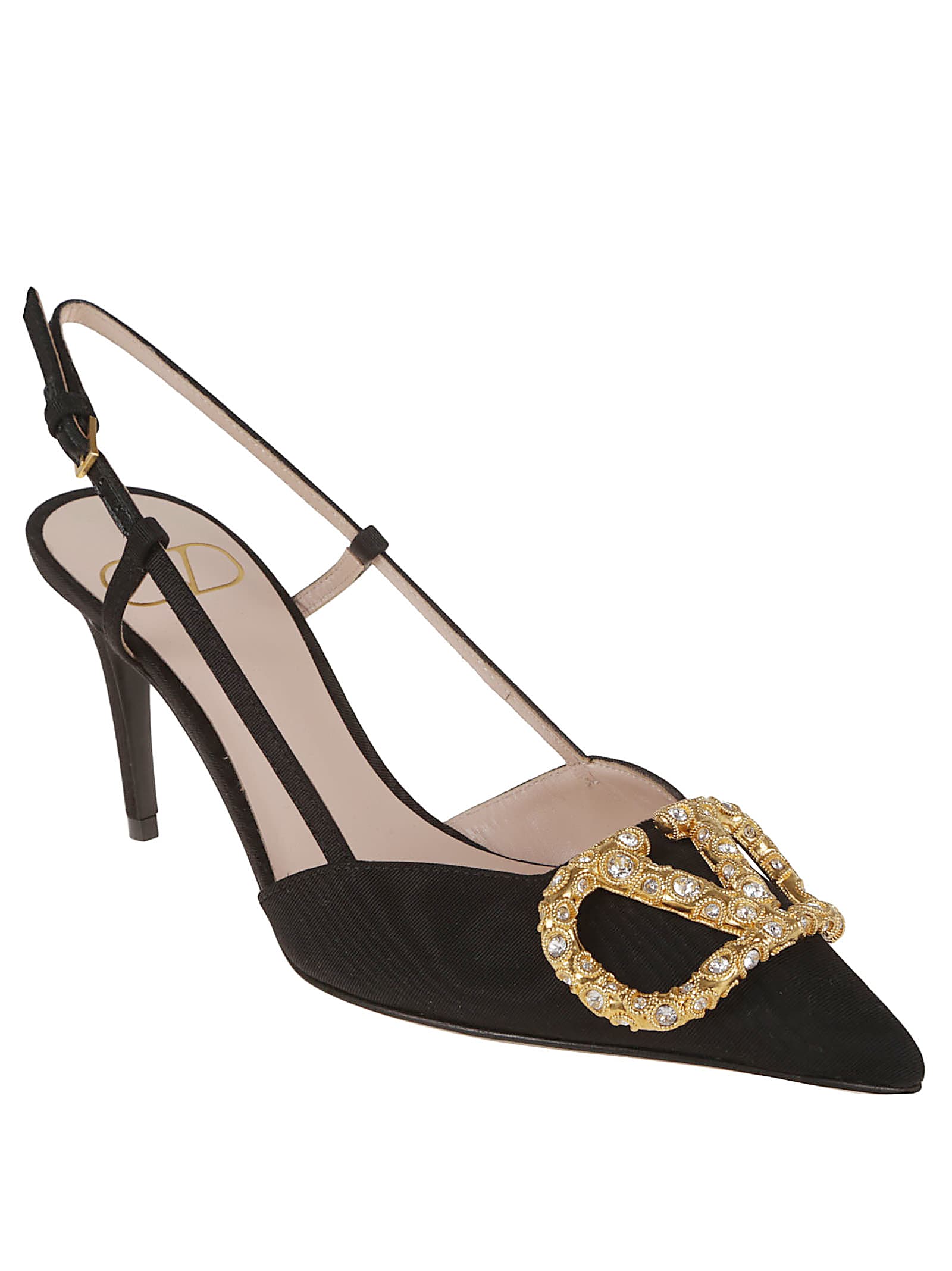 Valentino Sling Back Vlogo Signature T. 80 Vintage Brass Logo Jewel In Black