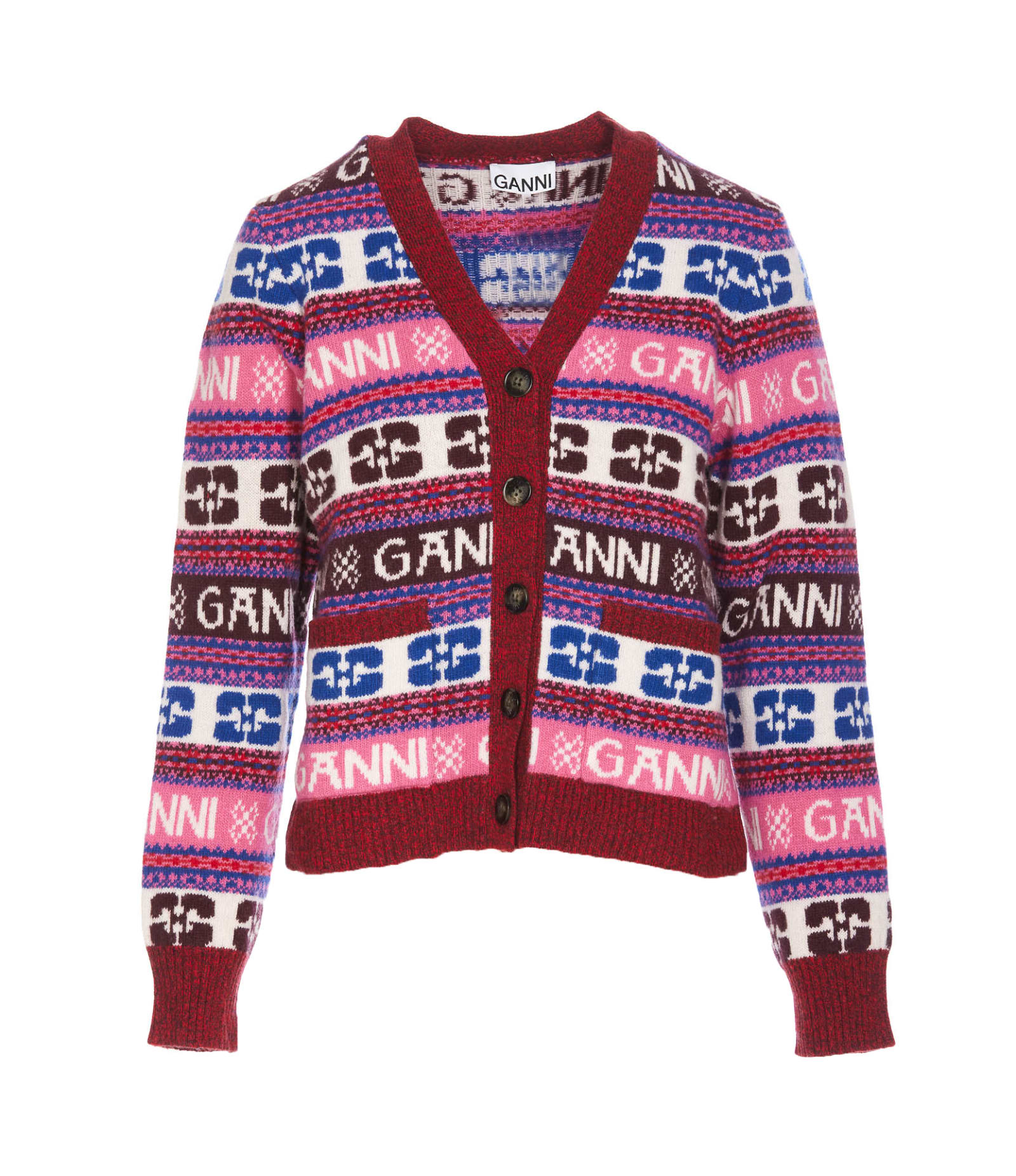 Shop Ganni Pink Logo Wool Mix Cardigan In Multicolour