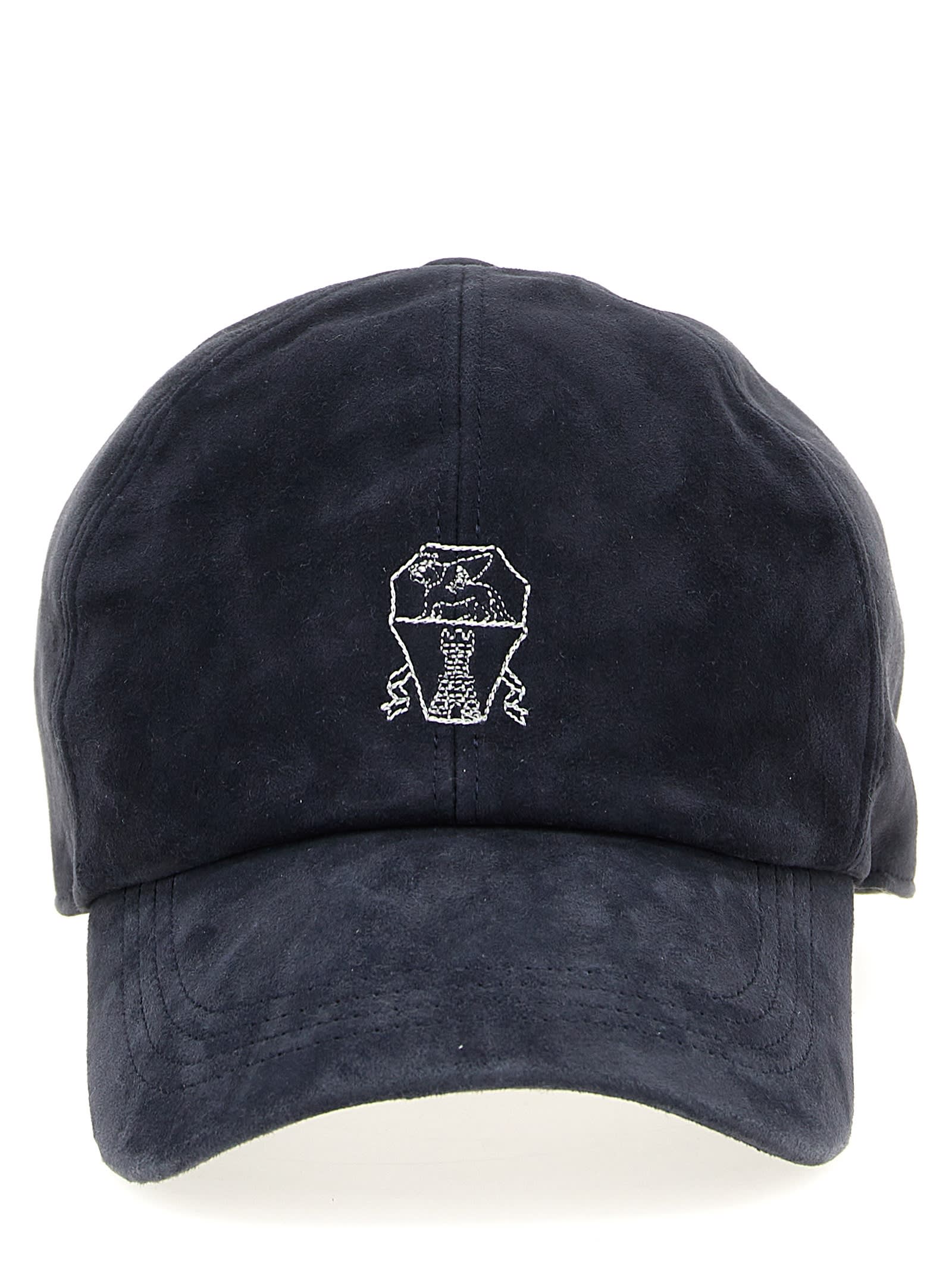 Shop Brunello Cucinelli Suede Cap With Logo Embroidery In Blue