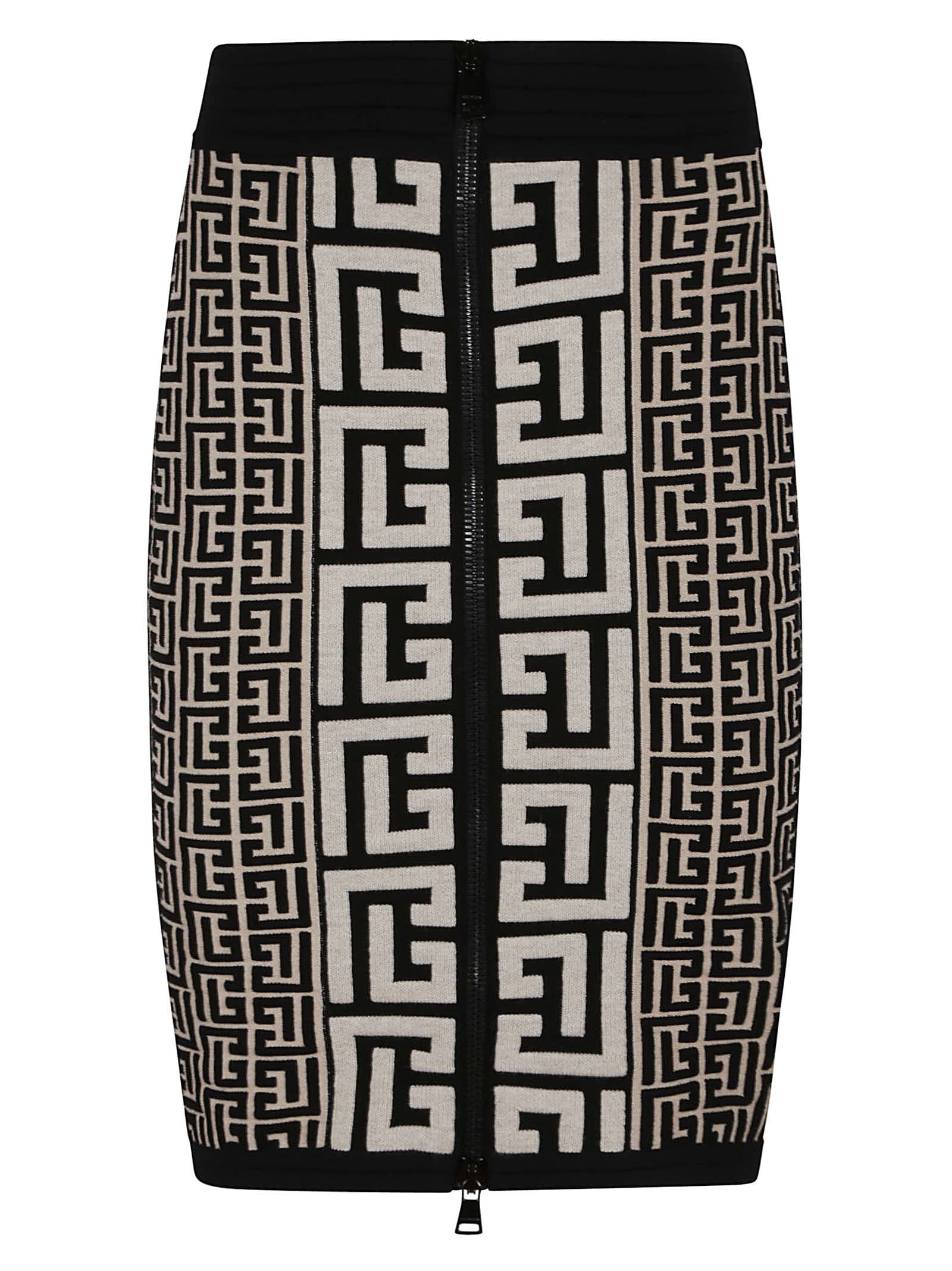 Shop Balmain Hw Monogram Knit Knee Skirt In Gfe Ivoire/noir