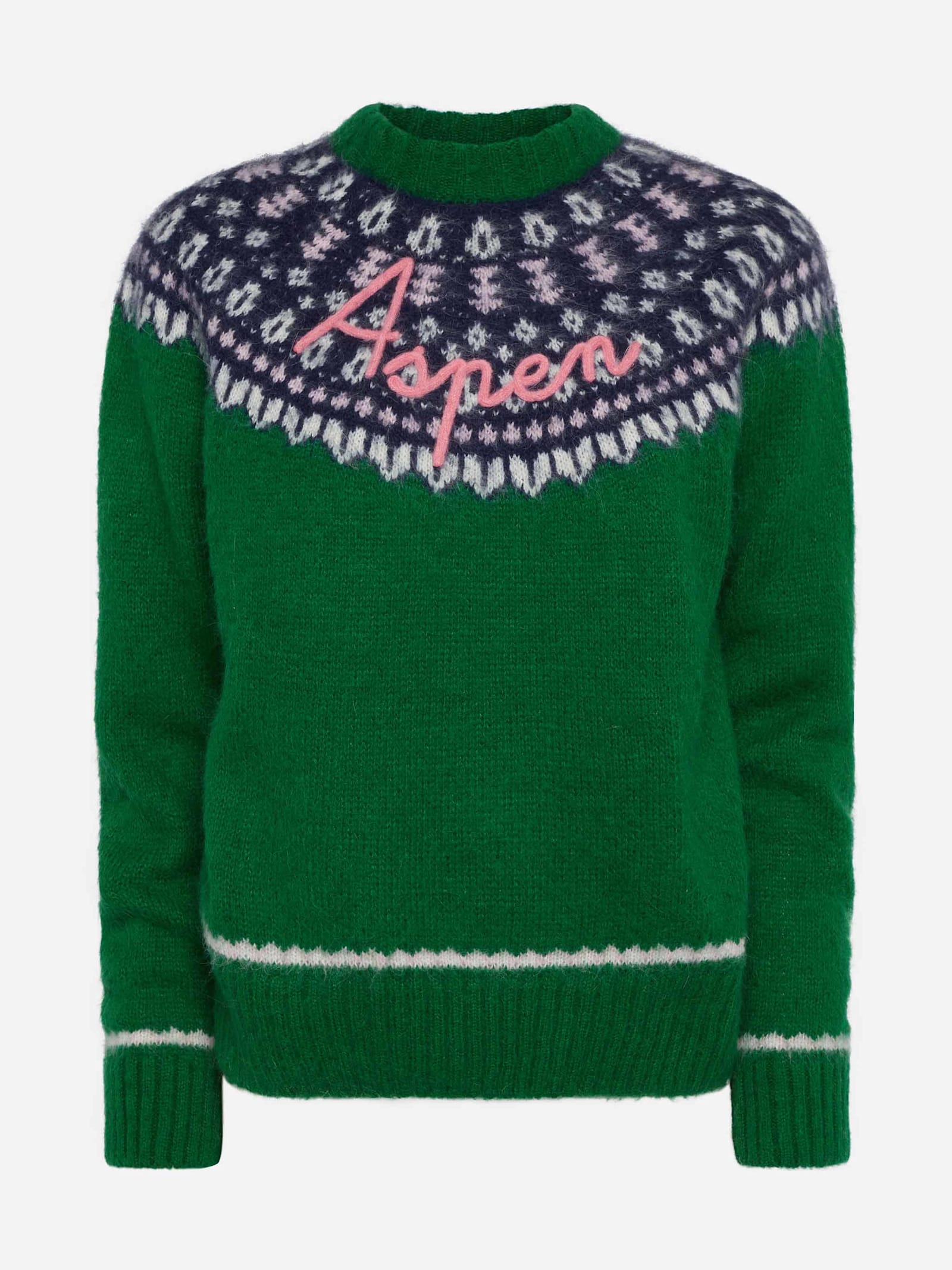 Mc2 Saint Barth Green Sweater Queen Nordic Soft With Fair Isle Jacquard And Aspen Embroidery In Green