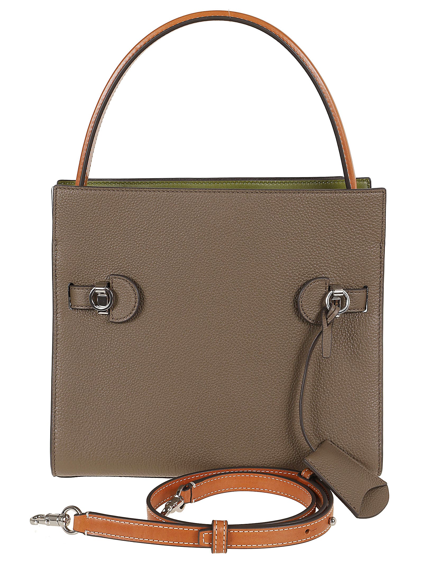 Shop Tory Burch Lee Radziwill Pebbled Color-block Small Double Bag In Wild Mushroom