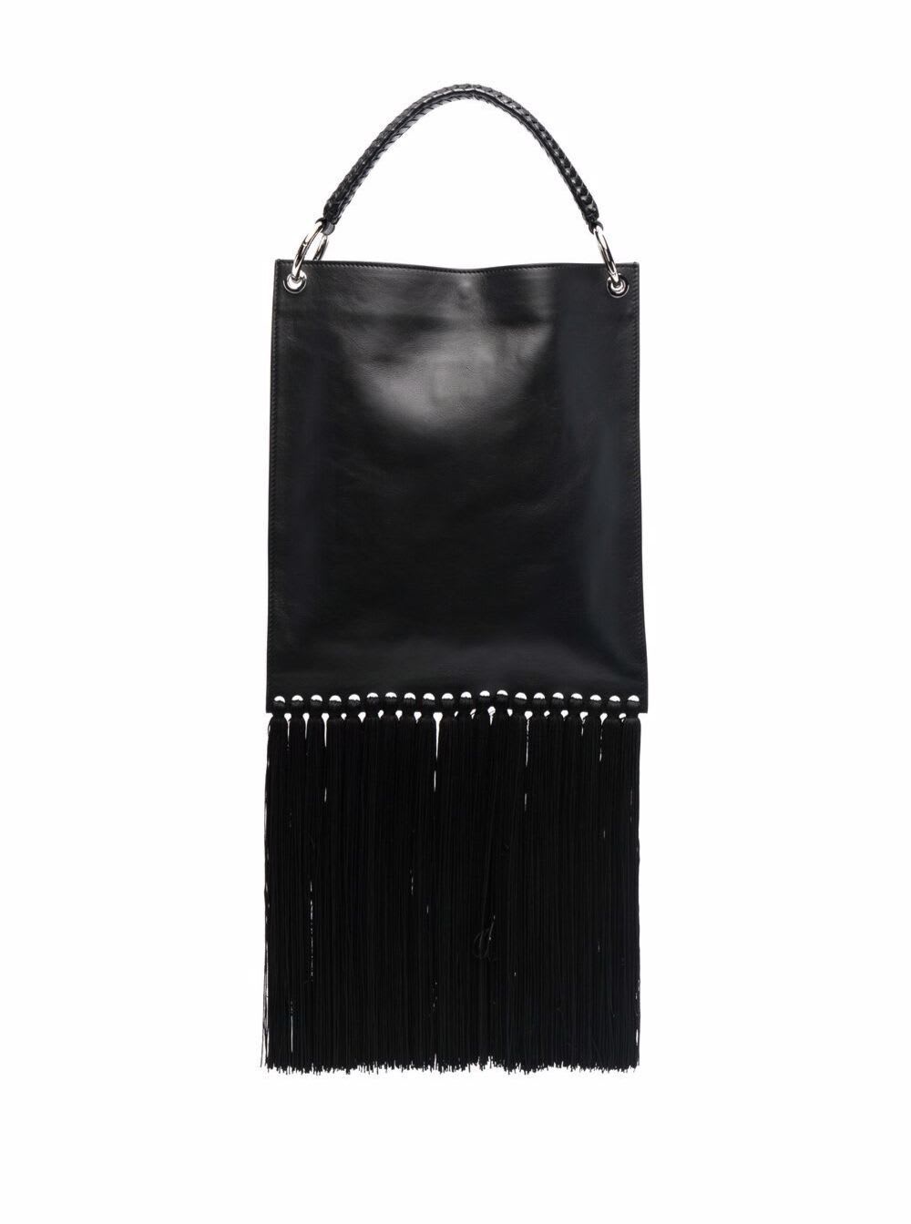 Etro Black Leather Tote Crossbody Bag With Fringes