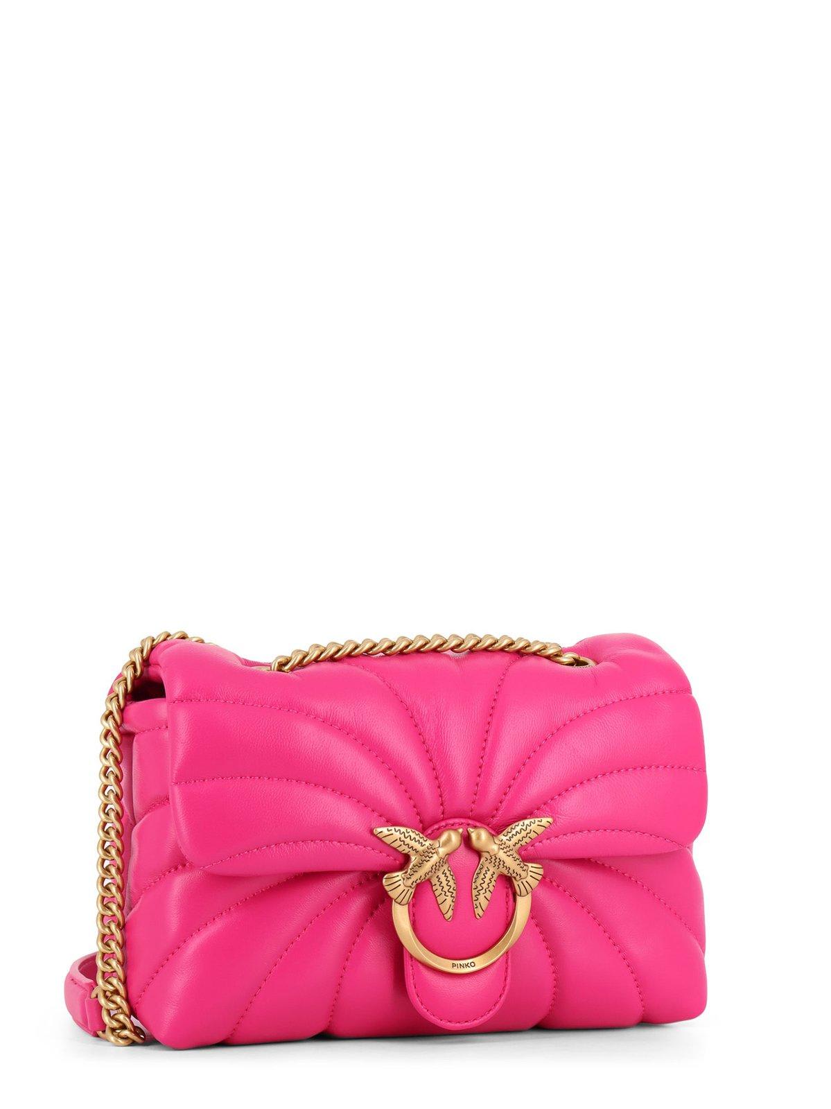 Shop Pinko Love Puff Chain Linked Mini Crossbody Bag In Pink -antique Gold