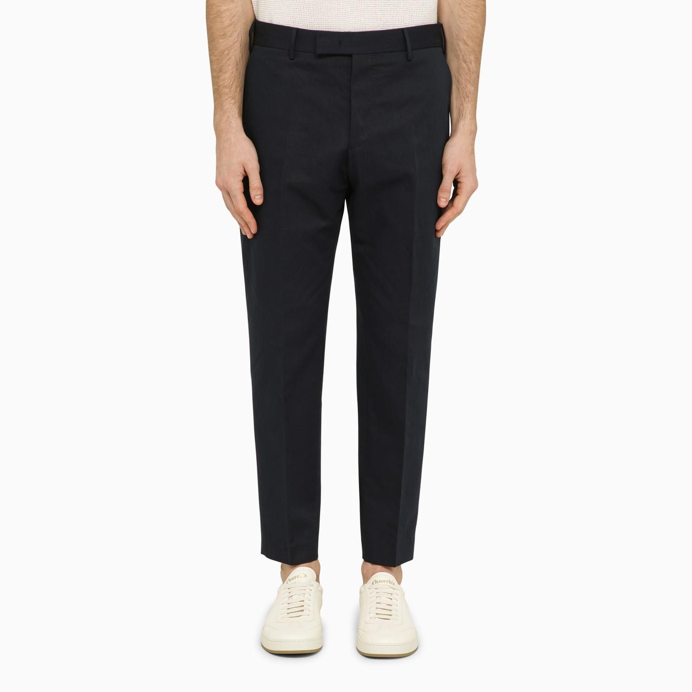 Shop Pt01 Navy Blue Slim Trousers In Cotton And Linen In 0360 Blue