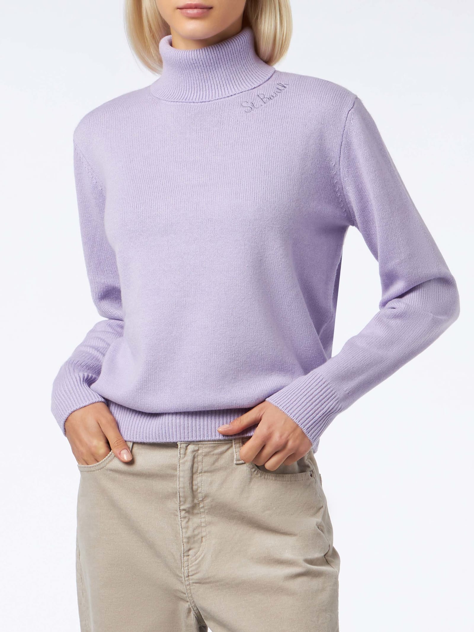 Shop Mc2 Saint Barth Woman Knitted Lilac Turtleneck Sweater In Pink