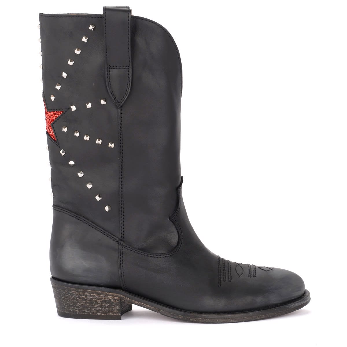 Via Roma 15 Boot In Black Leather With Red Lurex Star In Nero