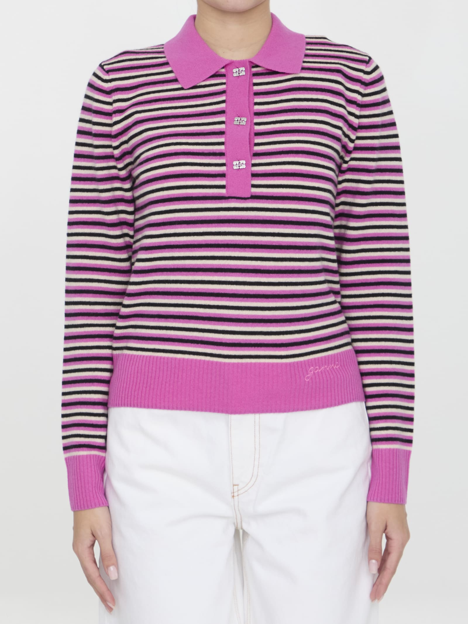 Shop Ganni Striped Polo Sweater In Fuchsia