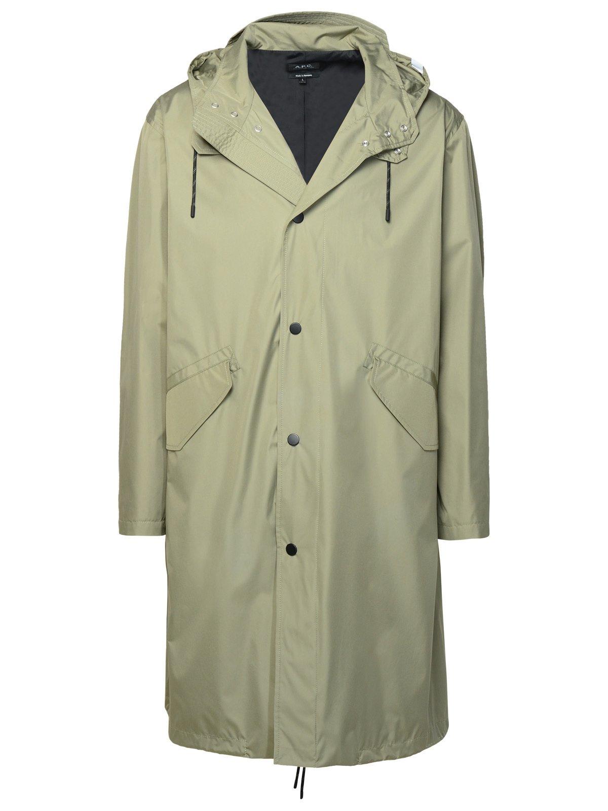 Shop Apc Button-up Hooded Coat In Green