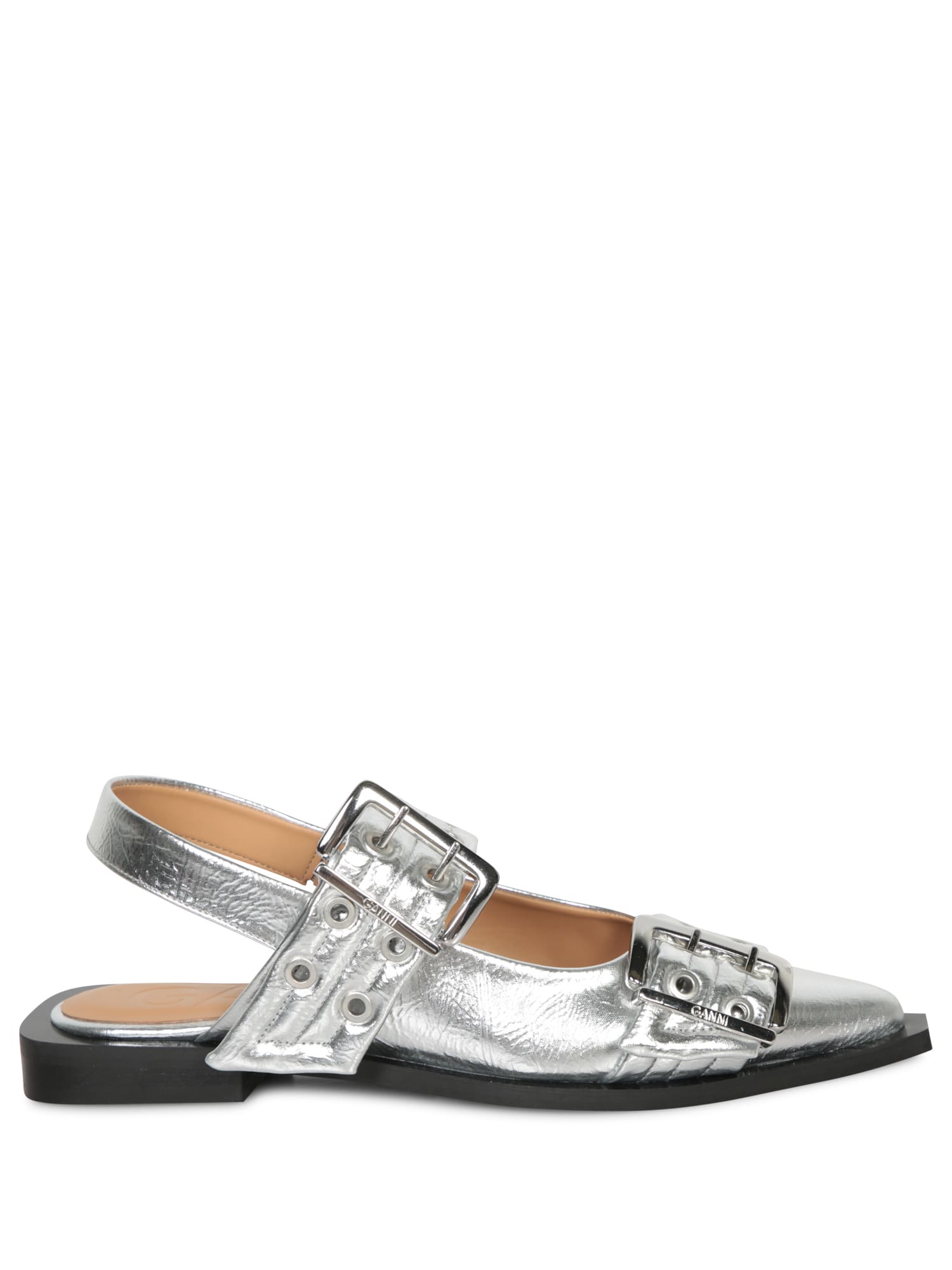 Shop Ganni Silver Buckle Flats In Metallic