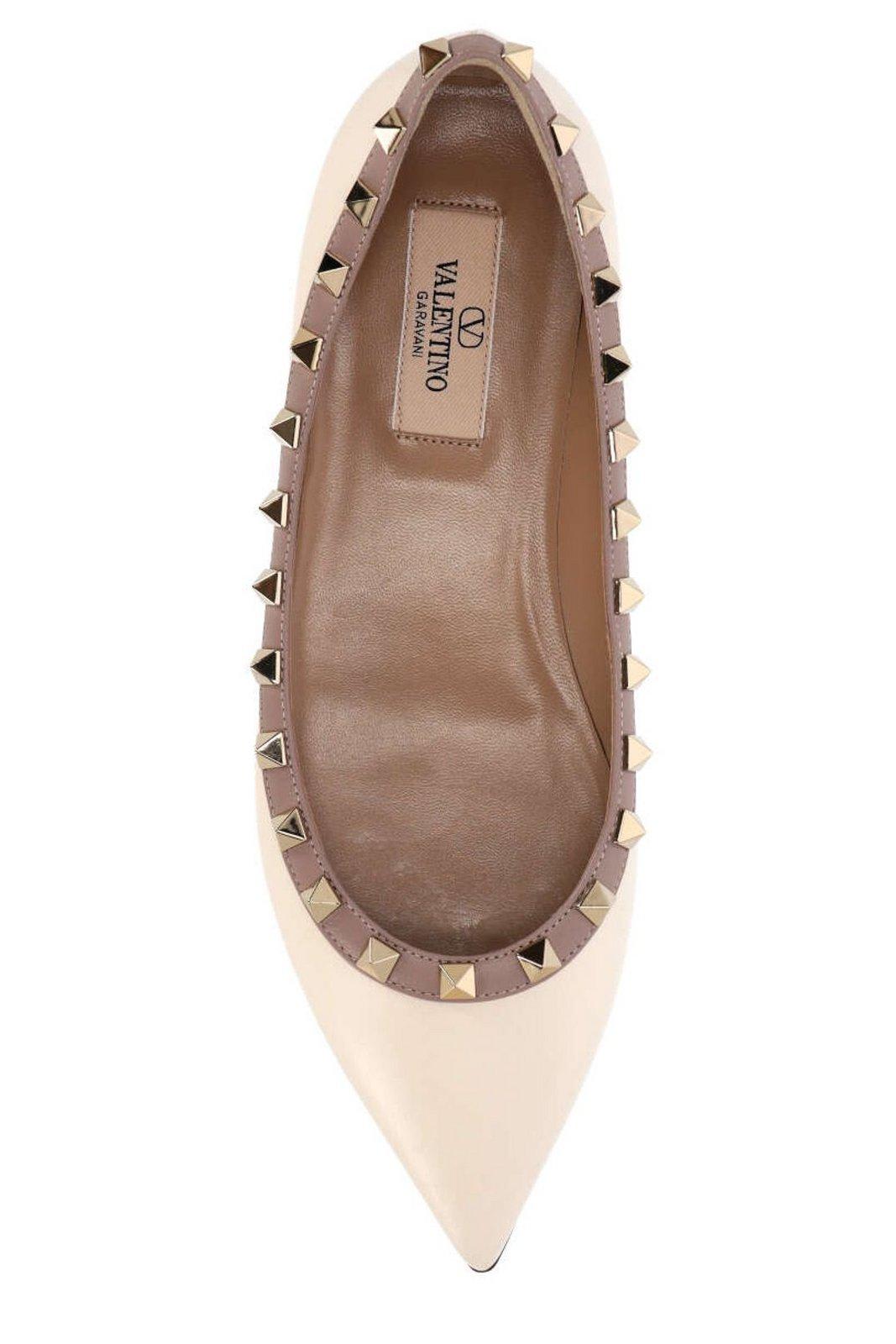 Shop Valentino Garavani Rockstud Pointed Toe Ballerina Shoes In White