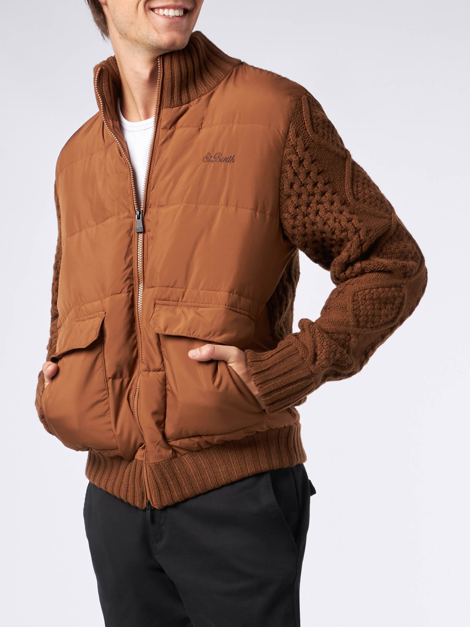 Shop Mc2 Saint Barth Man Brown Padded Jacket With Knitted Sleeves