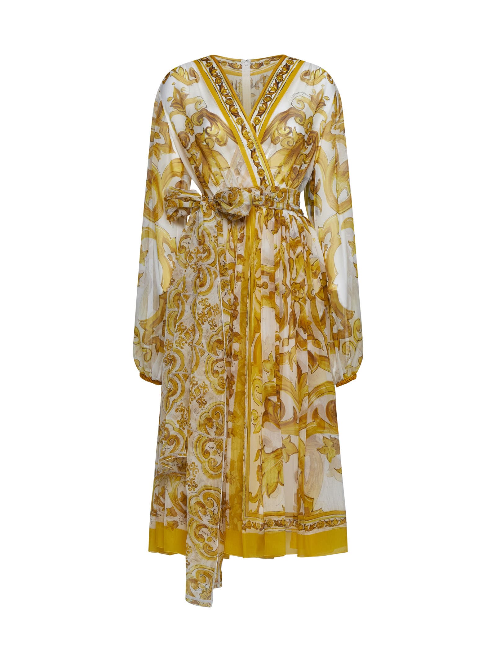 Dolce & Gabbana Majolica Silk Wrap Midi Dress In Mix Maiolica Giallo