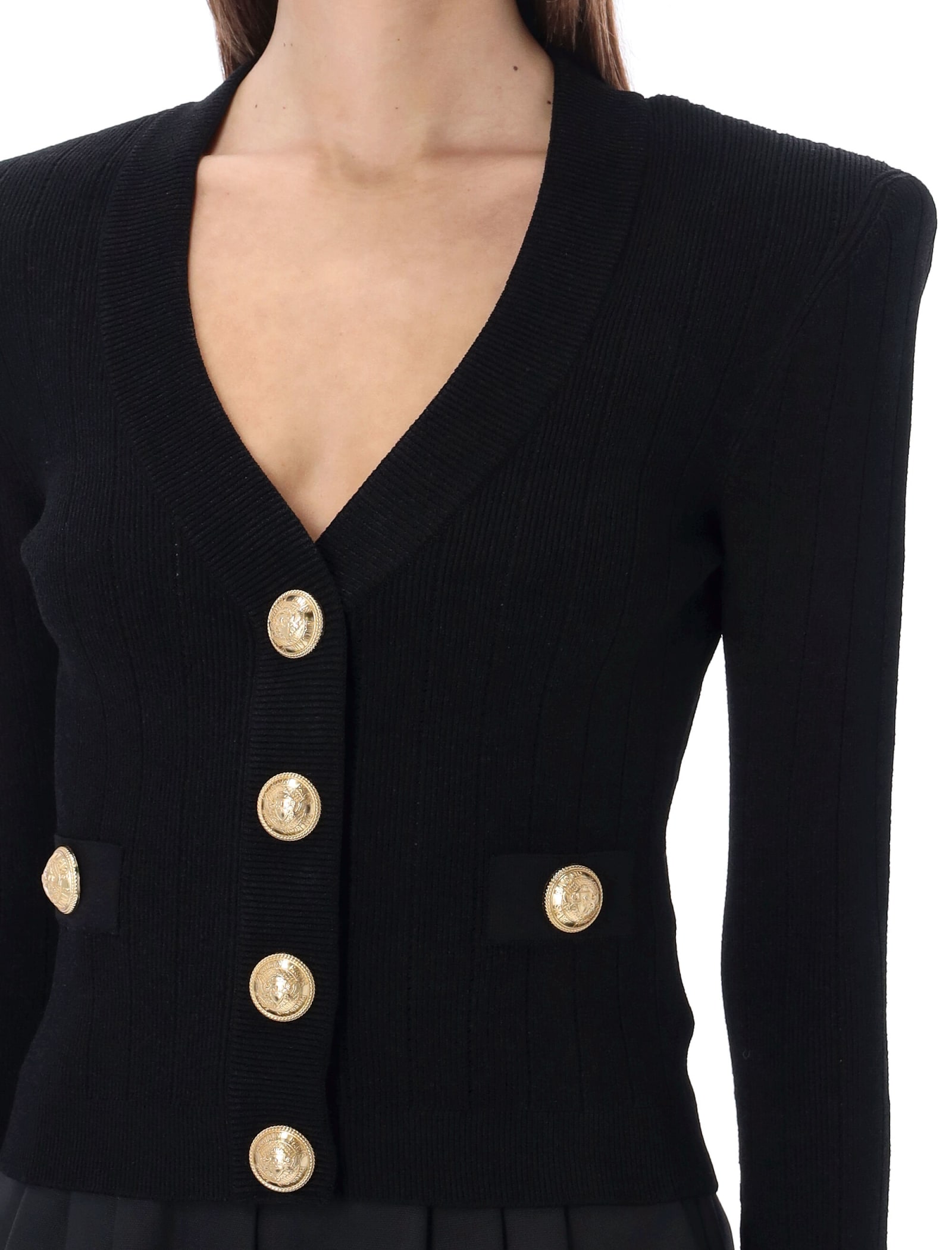 Shop Balmain Gold Buttons Knit Cardigan In Noir
